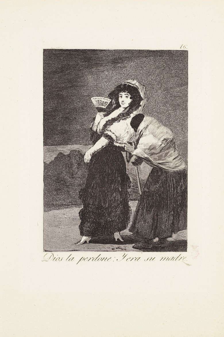 Francisco de Goya y Lucientes (1746-1828), For Heavens sake and it was her mother (Dios la perdone y era su madre), 1799. Etching with burnished aquatint, drypoint and engraving on laid paper. Plate 16 from Los Caprichos. Sheet 11¾ x 8 in (298 x 203 mm). Estimate $4,000-6,000. Offered in The Sleep of Reason Francisco Goya’s Los Caprichos, 8-23 October 2020, Online