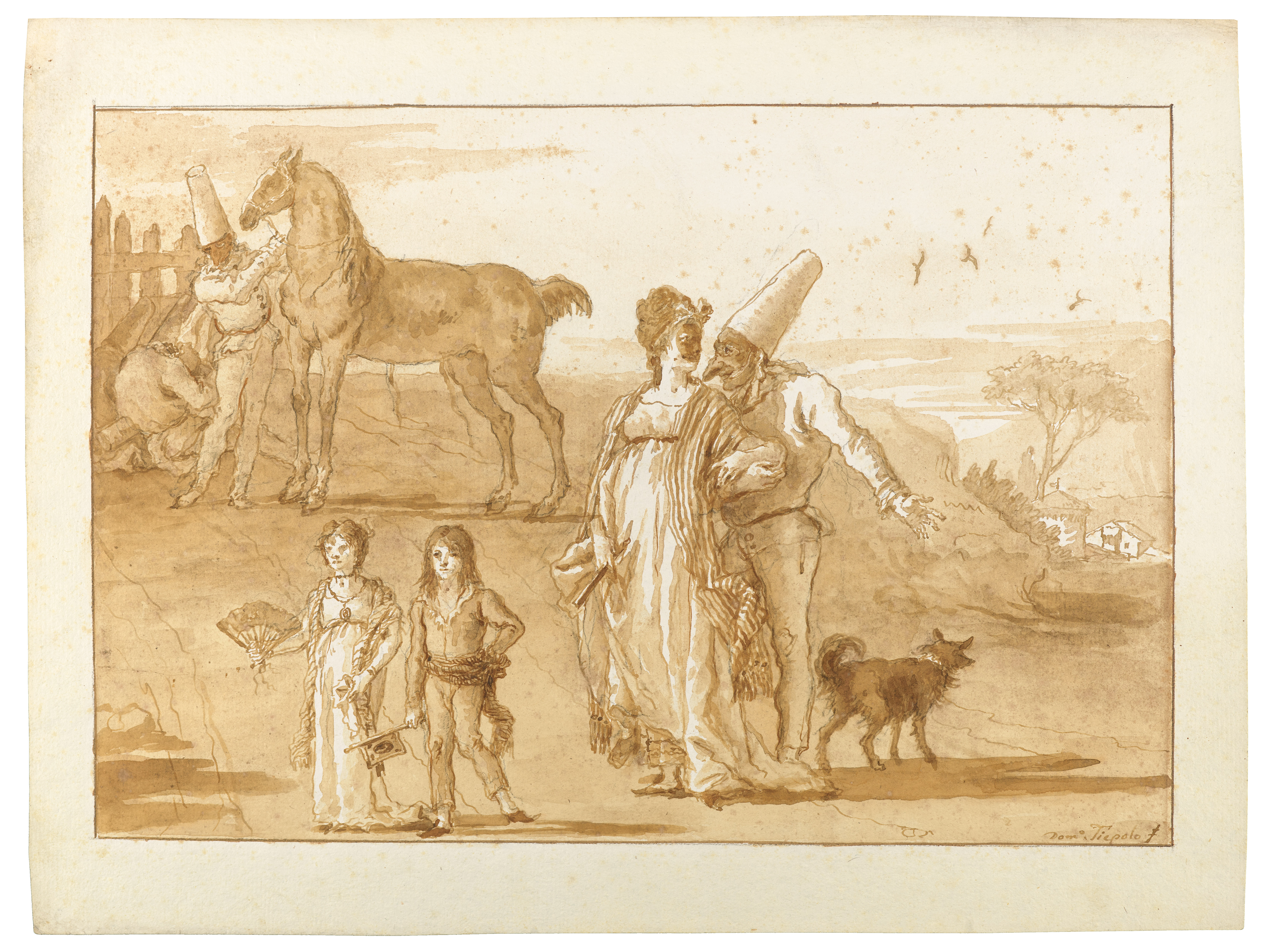 Giovanni Domenico Tiepolo (1727-1804), Punchinello in the company of a lady with two children and a horse. Graphite, pen and brown ink, brown wash. 14 x 18&frac12; in (35.7 x 47.2  cm). Sold for &euro;562,000&nbsp;on 27 May 2020 at Christie&rsquo;s in Paris