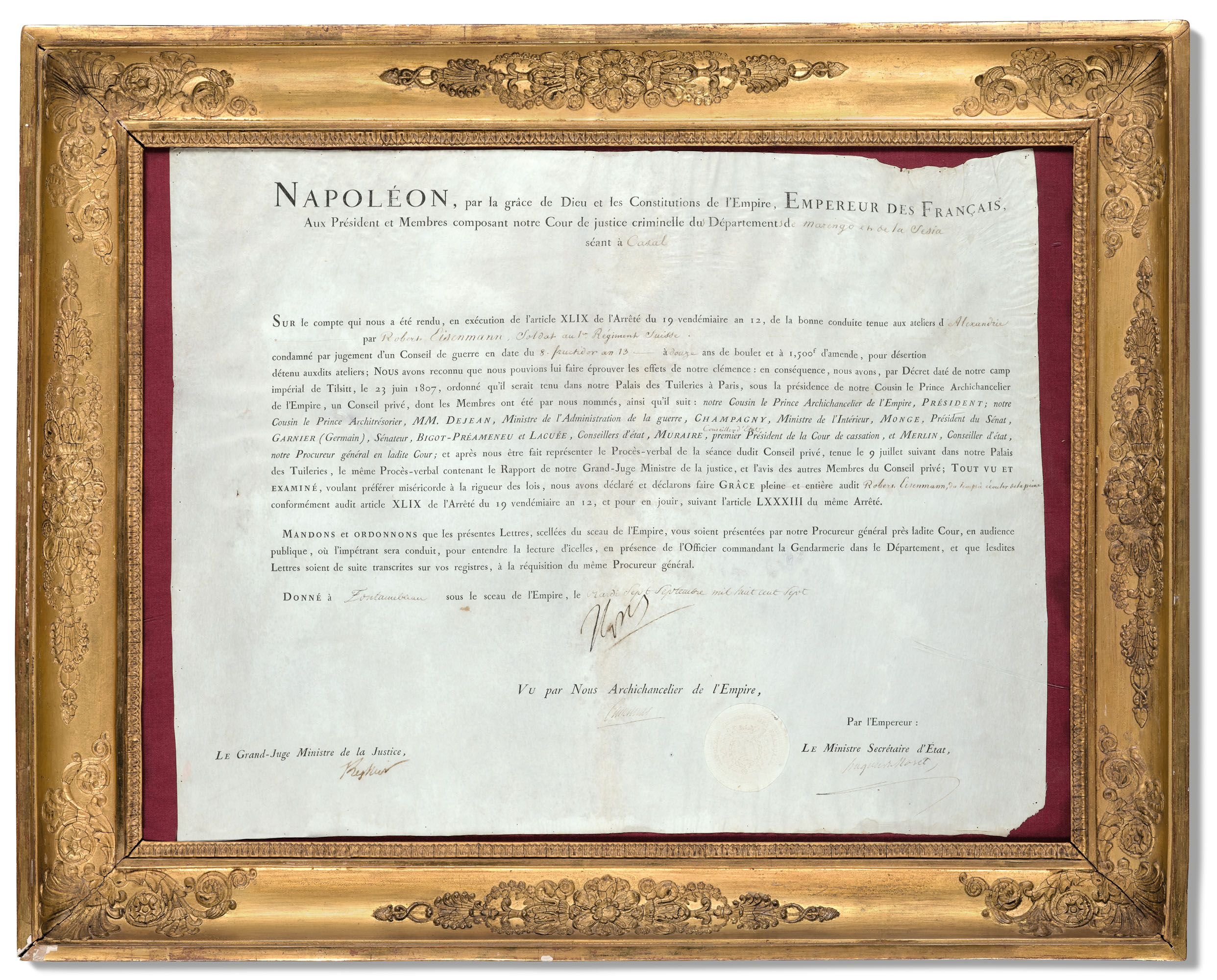 napoleon bonaparte 1769 1821 lettre de grace signee accordee a robert eisenmann soldat au ier regiment suisse a fontainebleau le mardi 7 septembre 1807