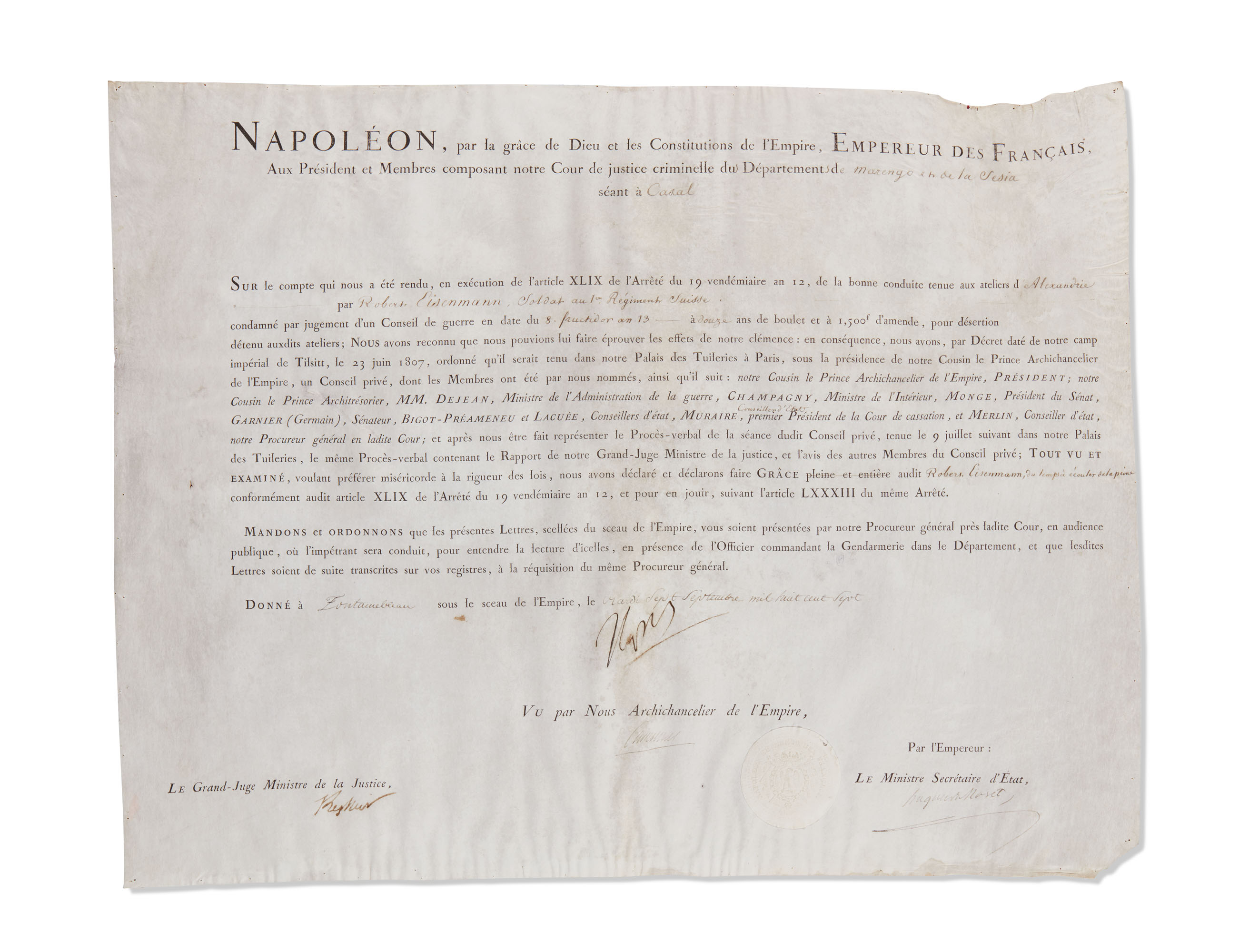napoleon bonaparte 1769 1821 lettre de grace signee accordee a robert eisenmann soldat au ier regiment suisse a fontainebleau le mardi 7 septembre 1807