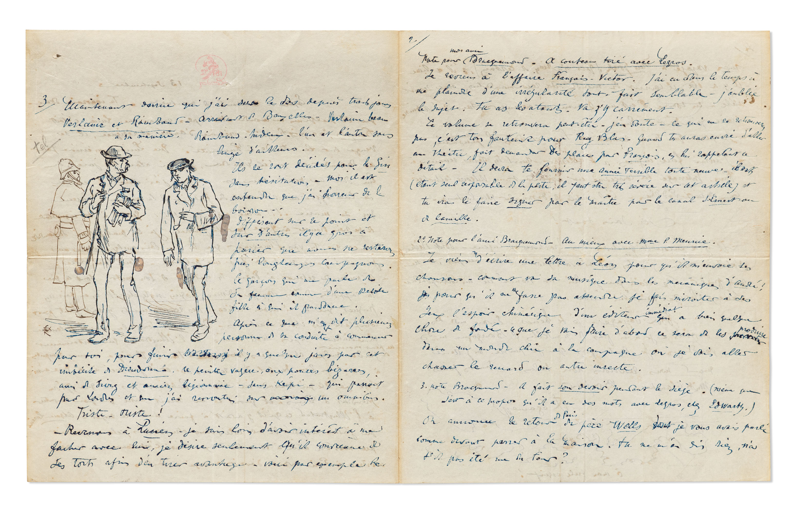 rimbaud arthur 1854 1891 paul verlaine 1844 1896 regamey felix 1844 1906 lettre autographe signee a son frere frederic regamey illustree d un double portrait de rimbaud et verlaine londres le 13 septembre 1872