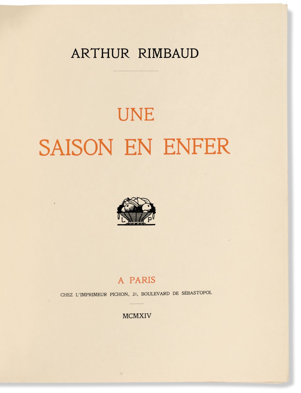 RIMBAUD, Arthur (18541891). Une Saison en enfer. Édition commémorative. Paris Léon Pichon, 1914.
