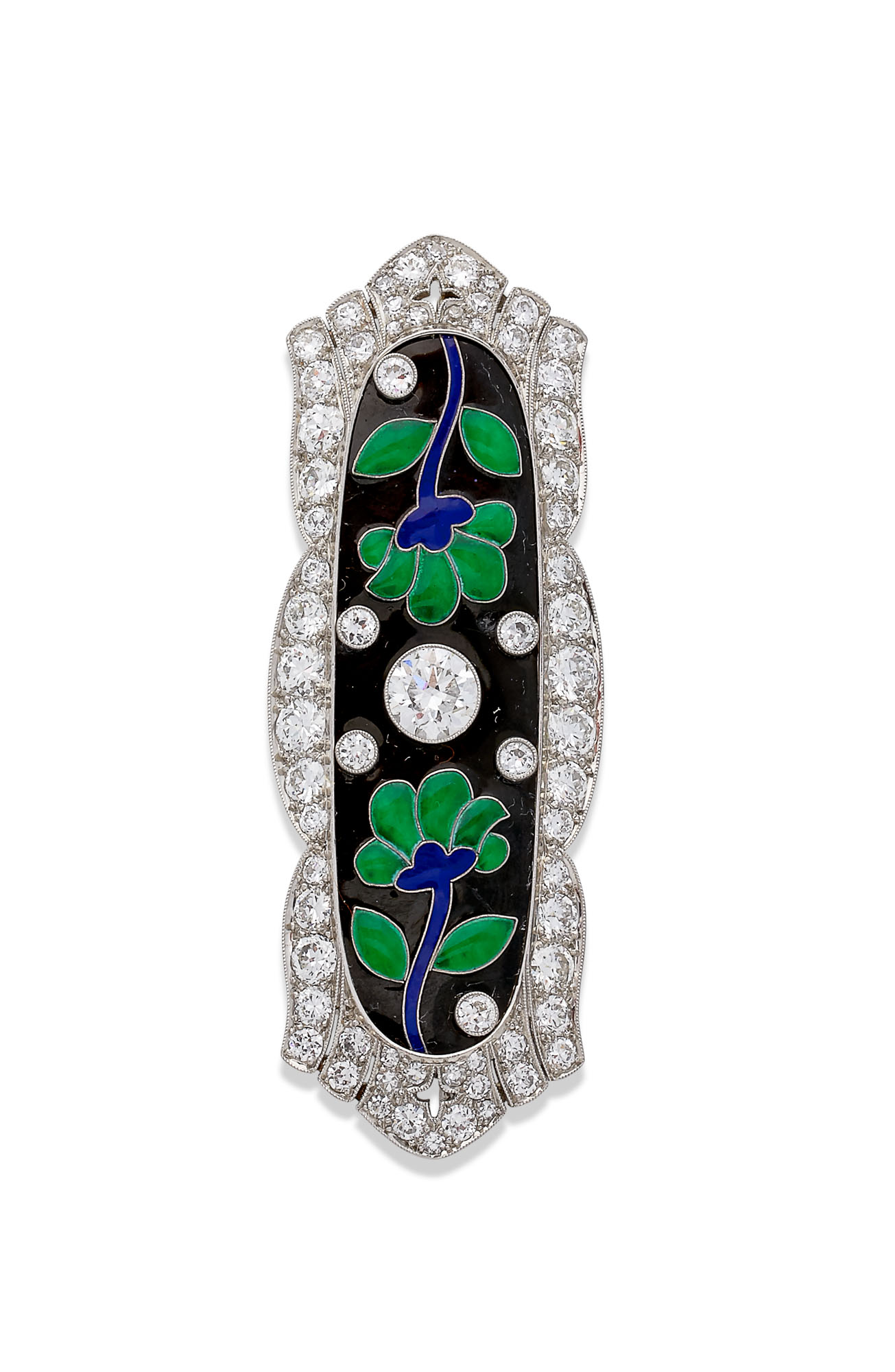 Broche Ancienne Art Déco - Émail Chiné Noir Avec Cristaux - Bijou Vintage Référence 5028 - Occasion Belle Pièce