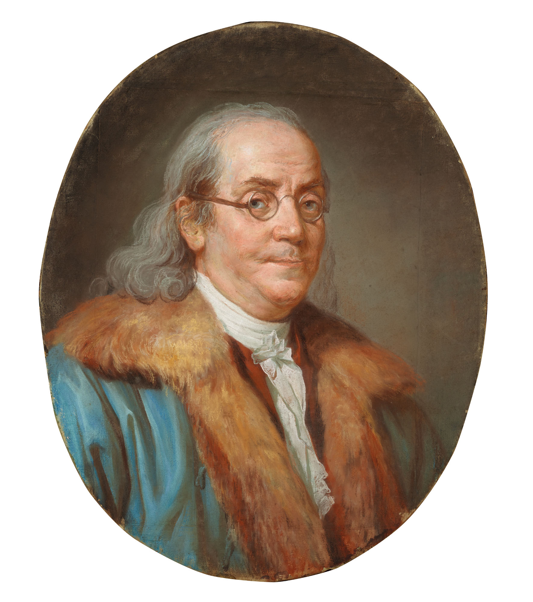 JOSEPH DUCREUX (NANCY 1735-1802 PARIS), Portrait de Benjamin Franklin, à  mi-corps, en manteau bleu et col de fourrure | Christie's, image size:1769x2000