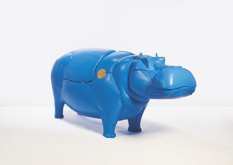 François-Xavier Lalanne (1927-2008), Hippopotame I, 1998
. Blue laminated moulded polyester resin and brass. 49⅝ x 111½ x 34⅝ in (126 x 283 x 88 cm), closed. Estimate €800,000-1,200,000. Offered in 
ONE A Global Sale of the 20th Century on 10 July 2020 at Christie’s in Paris