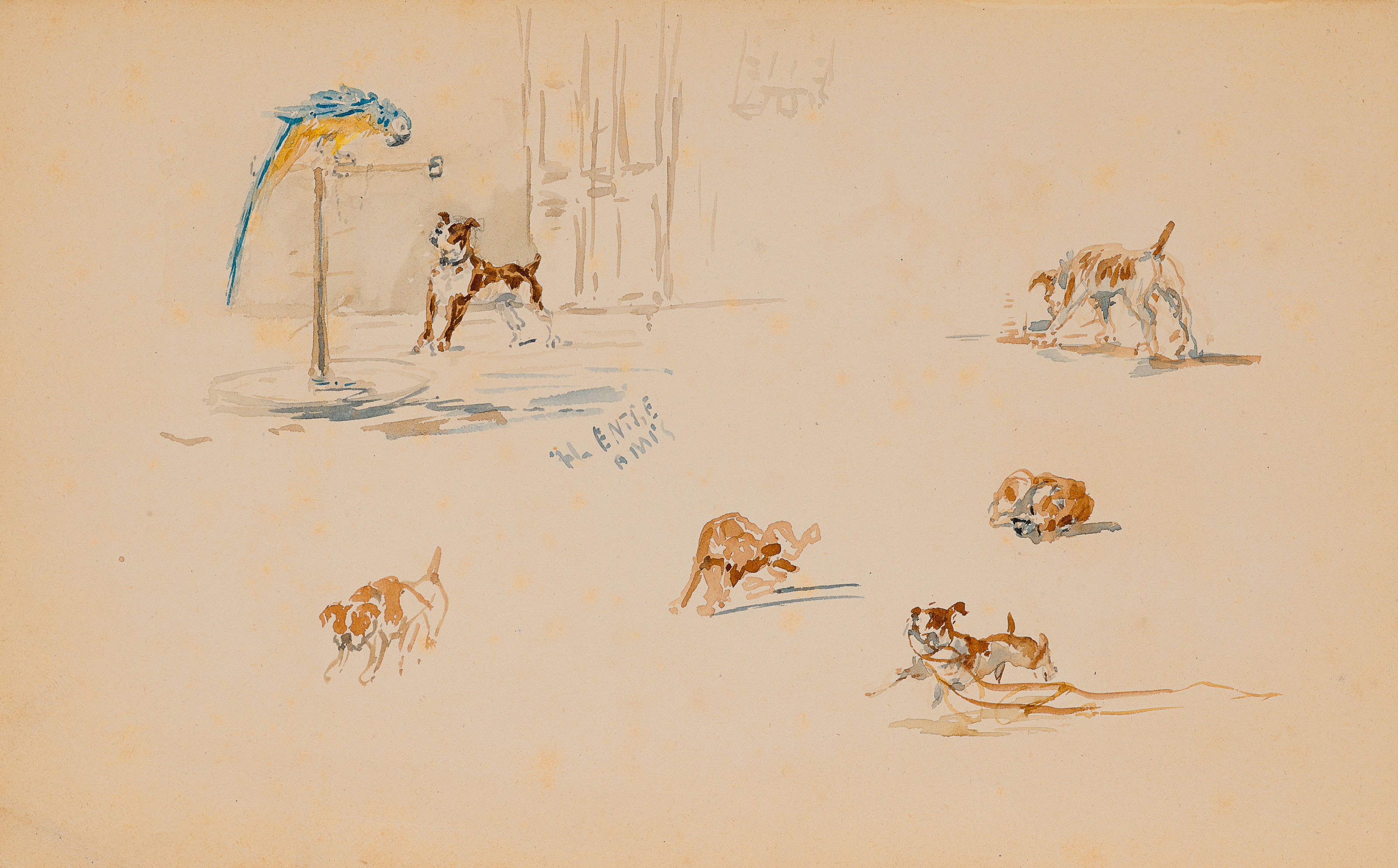 Henri de Toulouse-Lautrec (1864-1901), Entre amis, chiens et perroquets  (recto); Élégante, étude de chiens et autres esquisses (verso) | Christie's
