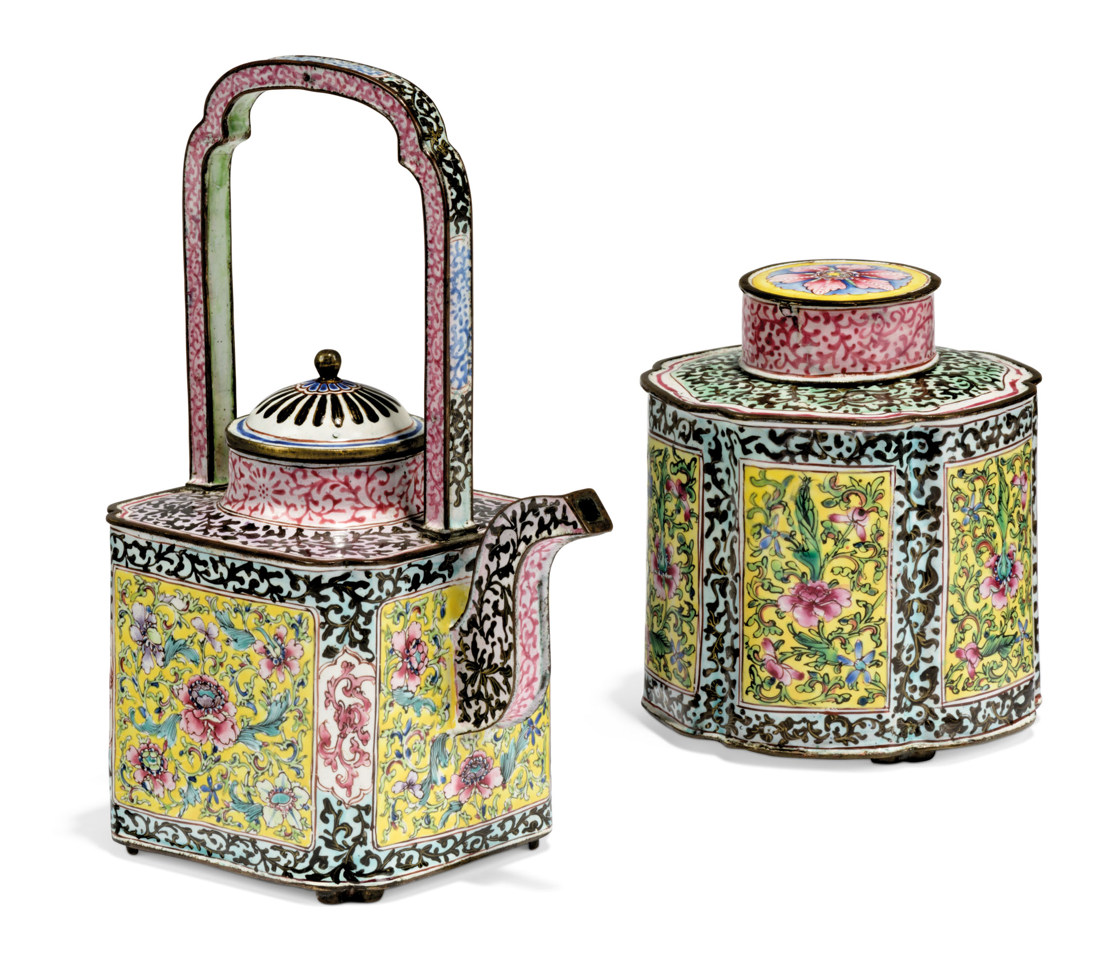 a chinese painted enamel teapot and cover and tea caddy and cover ensuite