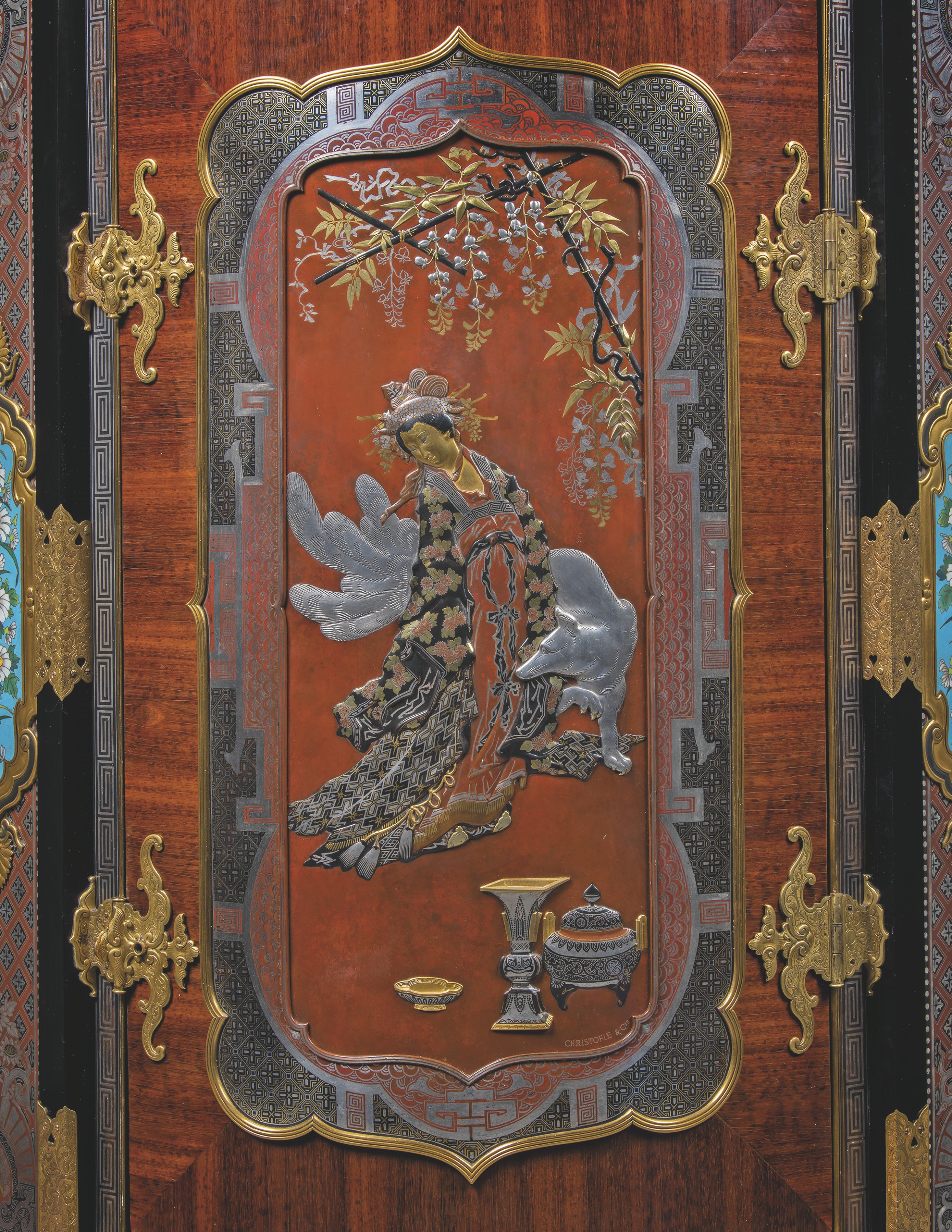 A FRENCH 'JAPONISME' ORMOLU, PATINATED-BRONZE, CLOISONNE