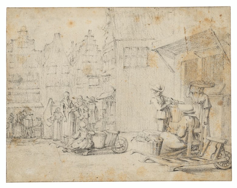 Gerard ter Borch II (1617-1681), Vegetable market day in a Dutch town. Black chalk, within black chalk framing lines. 6⅛ x 7⅞ in (15.5 x 19.9 cm). Sold for £150,000 on 6 July 2021 at Christie’s in London