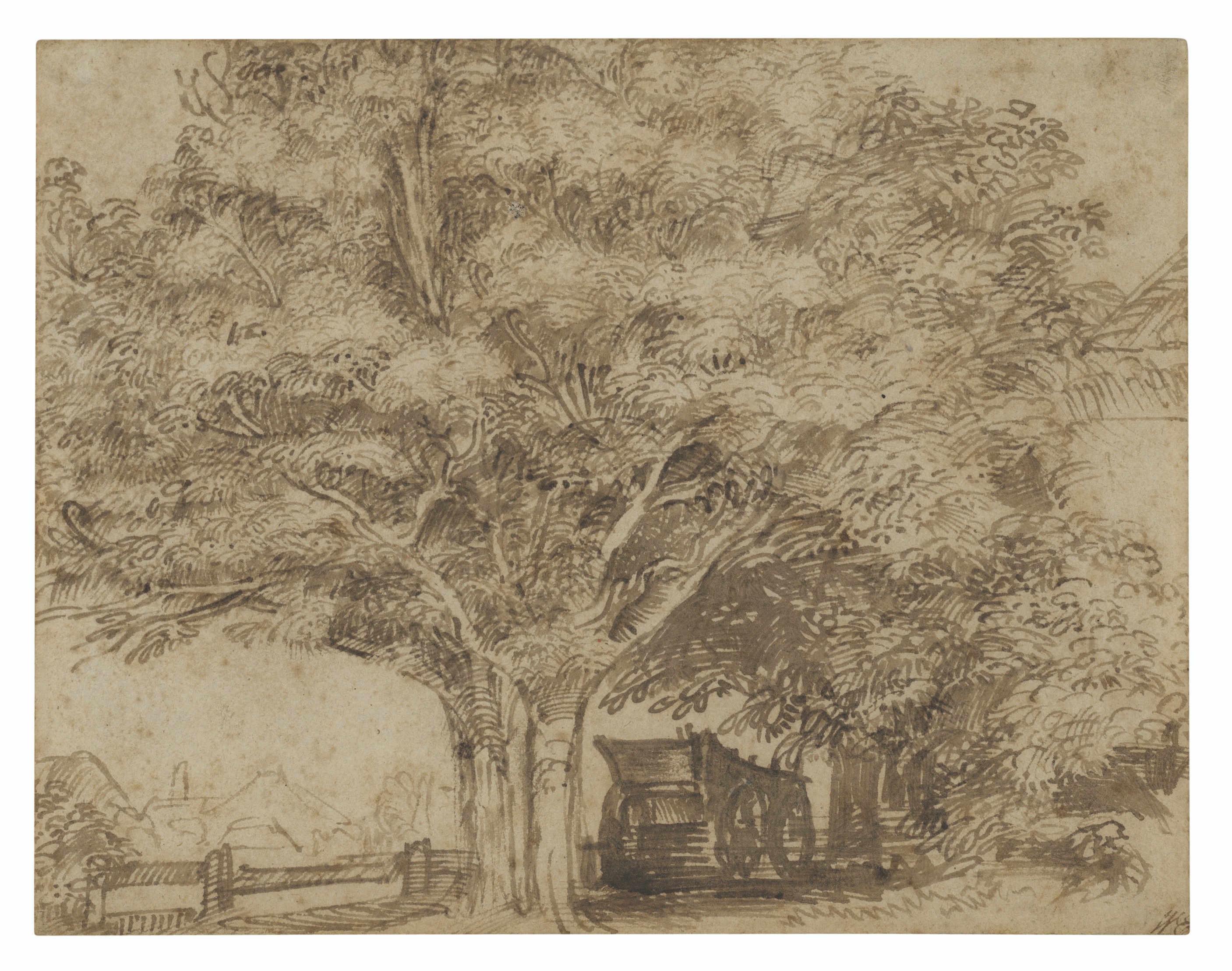 Jan Lievens (1607-1674), A haywain under trees, with farm buildings to the right and beyond at left. Pen and brown ink. 5⅞ x 7&frac12; in (14.8 x 19 cm). Sold for £43,750 on 6 July 2021 at Christie’s in London