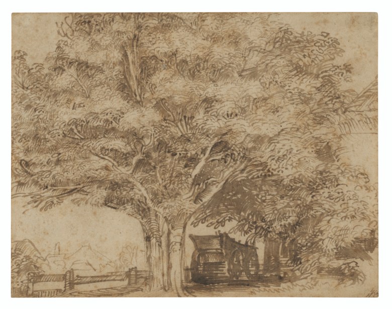 Jan Lievens (1607-1674), A haywain under trees, with farm buildings to the right and beyond at left. Pen and brown ink. 5⅞ x 7½ in (14.8 x 19 cm). Sold for £43,750 on 6 July 2021 at Christie’s in London