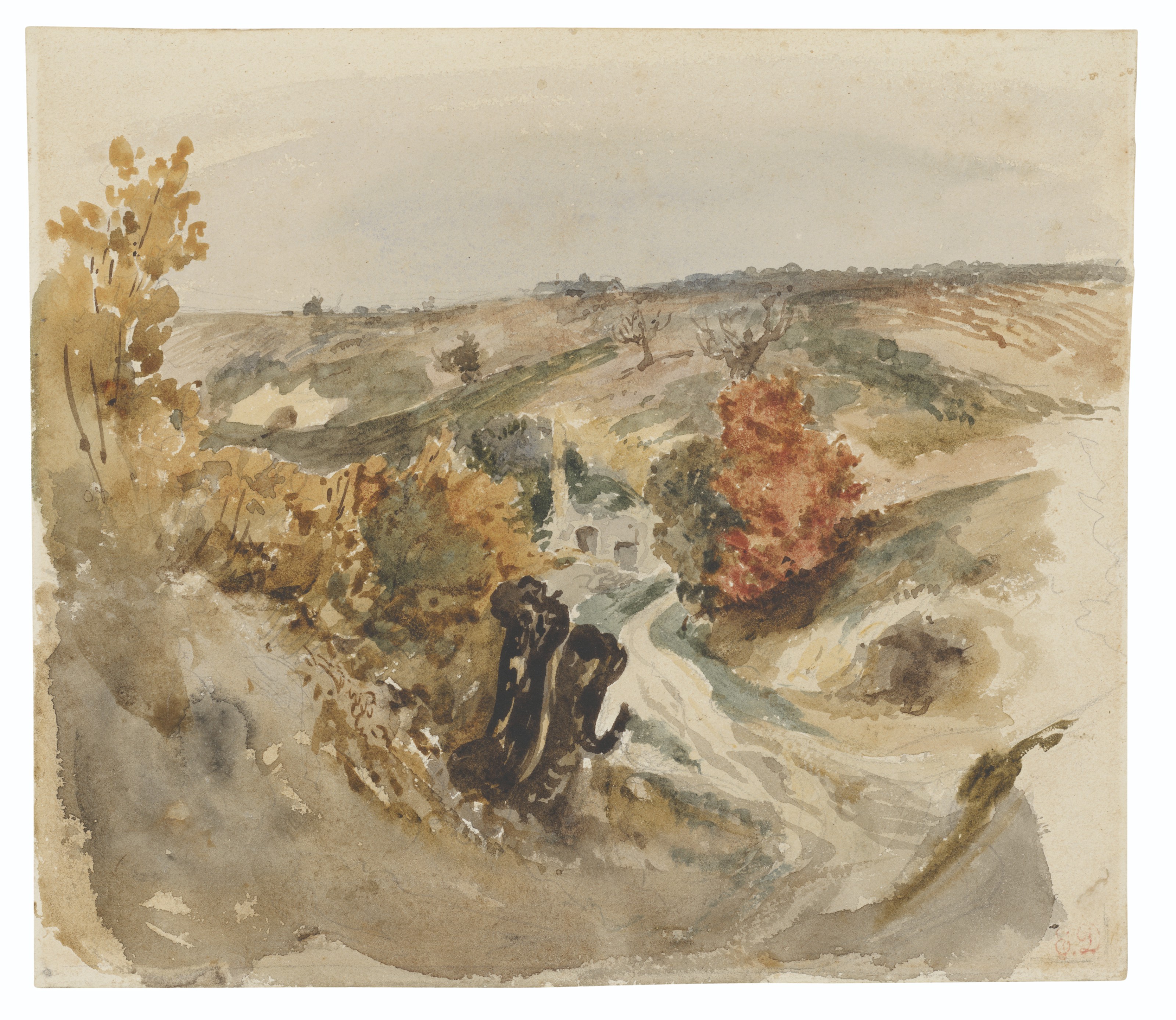 Ferdinand-Victor-Eug&egrave;ne Delacroix (1798-1863), Vineyards by a track and a farmhouse on a hill. Graphite, watercolour. 7⅞ x 9 in (20 x 22.8 cm). Sold for £62,500 on 6 July 2021 at Christie’s in London