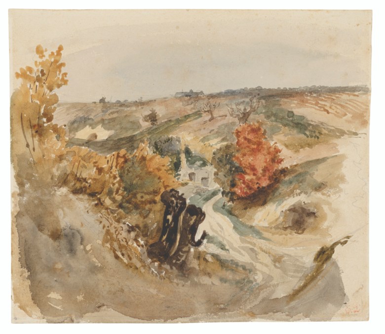 Ferdinand-Victor-Eugène Delacroix (1798-1863), Vineyards by a track and a farmhouse on a hill. Graphite, watercolour. 7⅞ x 9 in (20 x 22.8 cm). Sold for £62,500 on 6 July 2021 at Christie’s in London