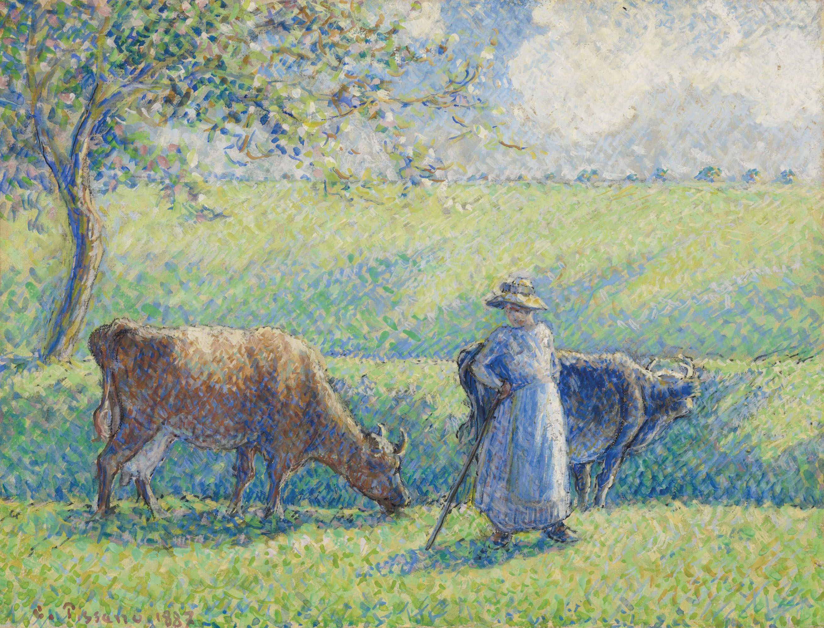 Camille Pissarro (1830-1903), Paysanne gardant deux vaches, 1887. Gouache, charcoal and pen and ink on paper. 9&frac14; x 12⅜ in (23.6 x 31.5 cm). Sold for &pound;350,000 on 24 March 2021 at Christie&rsquo;s in London