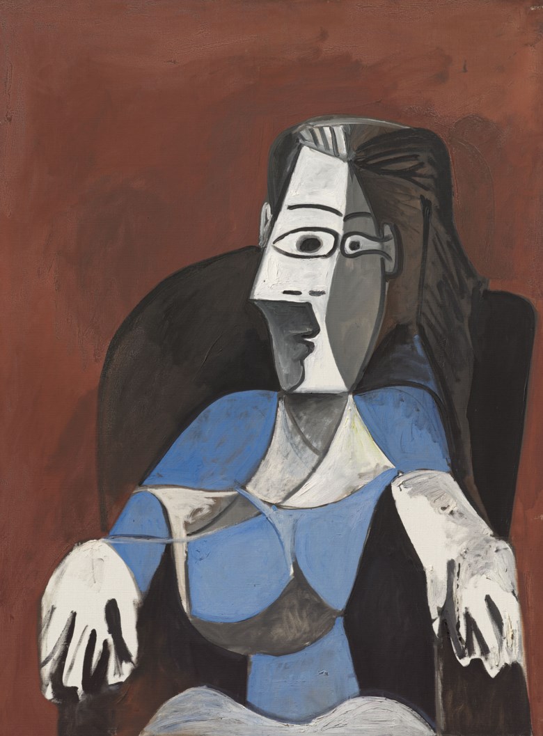 Pablo Picasso (1881-1973), Femme assise dans un fauteuil noir (Jacqueline), 1962. Oil on canvas. 51¼ x 38½ in (130.4 x 97.8 cm). Sold for £9,659,000 on 23 March 2021 at Christie’s in London