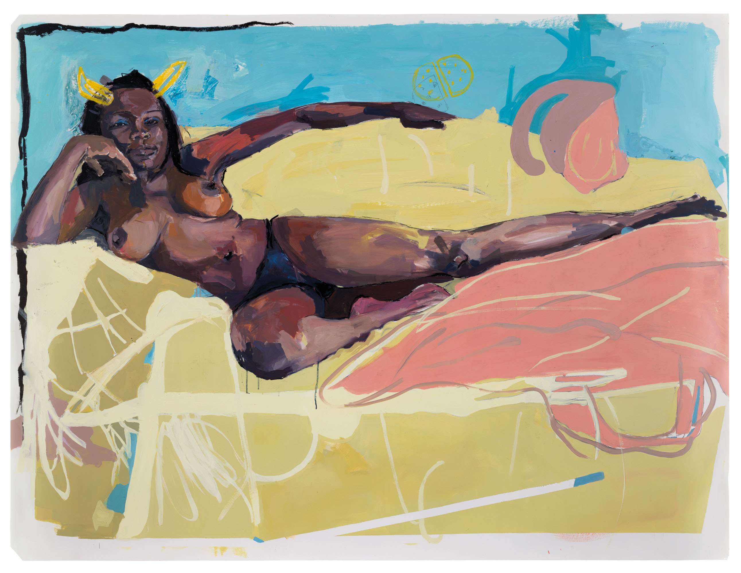 Kudzanai-Violet Hwami (b. 1993), Study Sisi Themba&rsquo;s Post Surgery, Harare General Hospital, 2050, 2016. Oil, charcoal and oilstick on paper.  59&frac14; x 78 ⅛in (150.4 x 198.5cm). Sold 25 March 2021 at Christie's in London