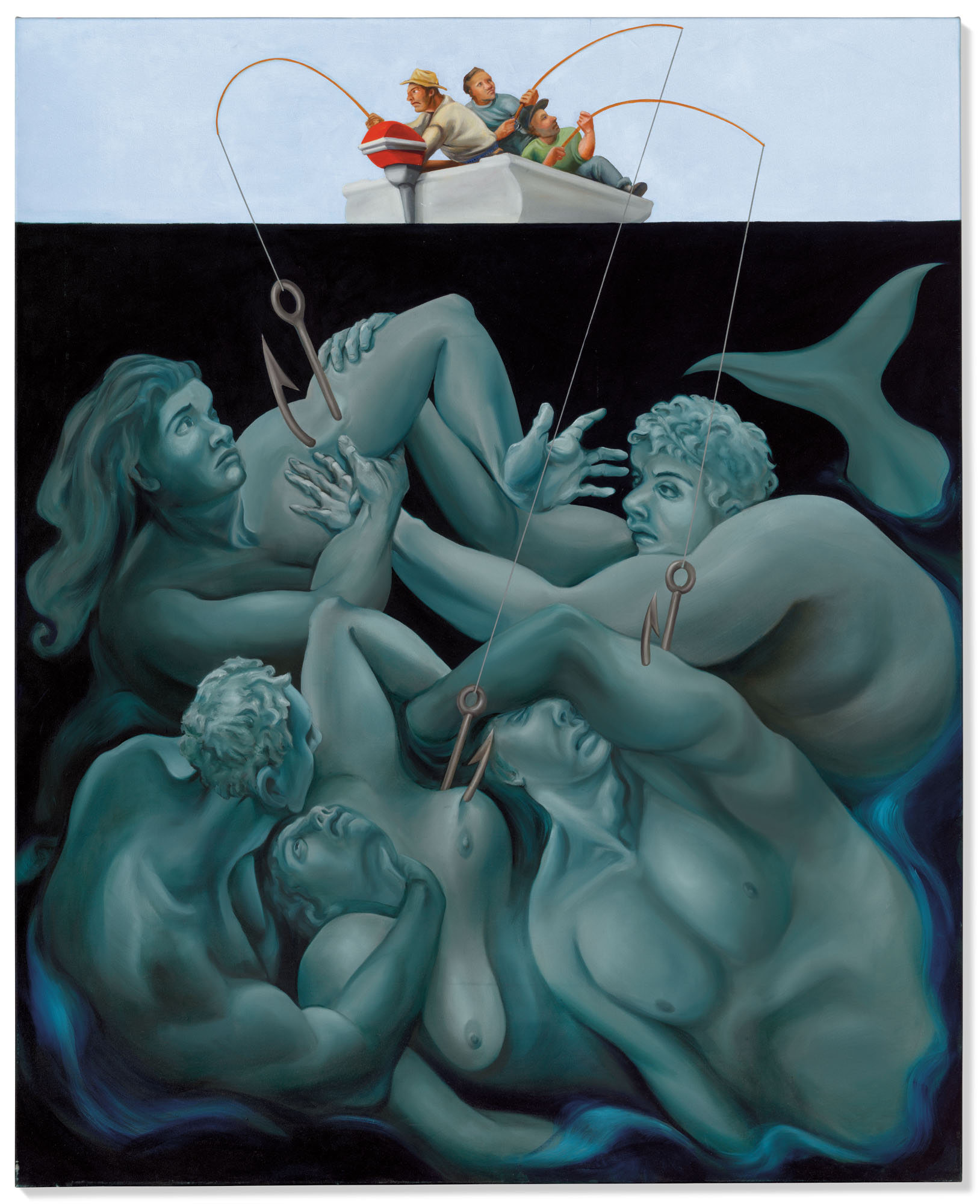 Nicole Eisenman (b. 1965), Mermaid Catch, 1996. Oil on canvas. 77&frac12; x 63 in (196.8 x 160 cm). Sold for £862,500 on 25 March 2021 at Christie’s in London