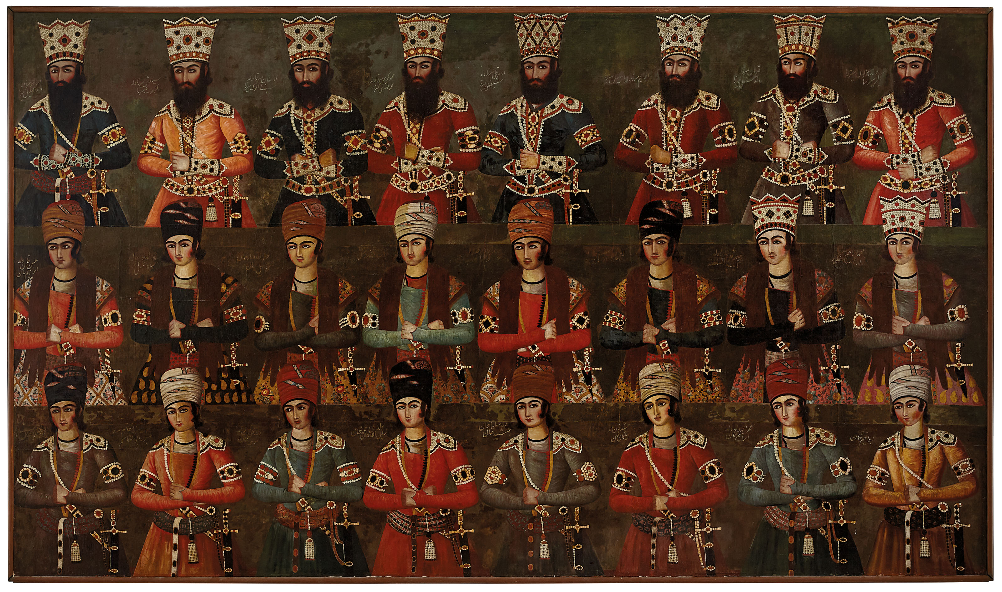卡扎尔群像画，据考为阿卜杜拉‧汗（活跃于1800-1850年）作，约1810-1820年作。油彩、金色加光、画布。101 x 174英寸（256.5 x 442公分）。此拍品于2021年4月1日在佳士得伦敦售出，成交价2,302,500英镑