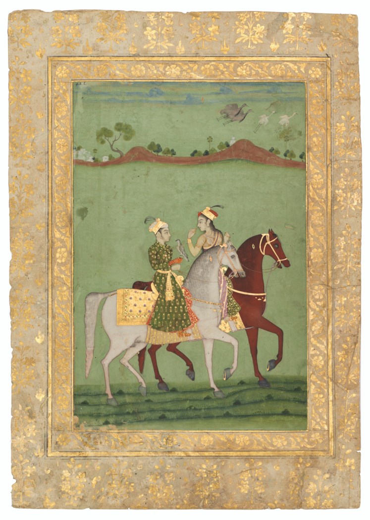 A DOUBLE SIDED ALBUM PAGE: BAZ BAHADUR AND RUPMATI HUNTING AND A