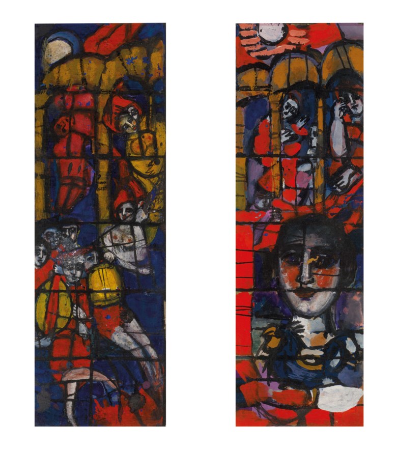 Pauline Boty (1938-1966), Designs for stained glass window, 1958. Gouache on paper. 9¼ x 3 in (23.5 x 7.6 cm) each. Estimate £7,000-10,000. Offered in the Modern British Art Day Sale on 2 March 2021 at Christies in London