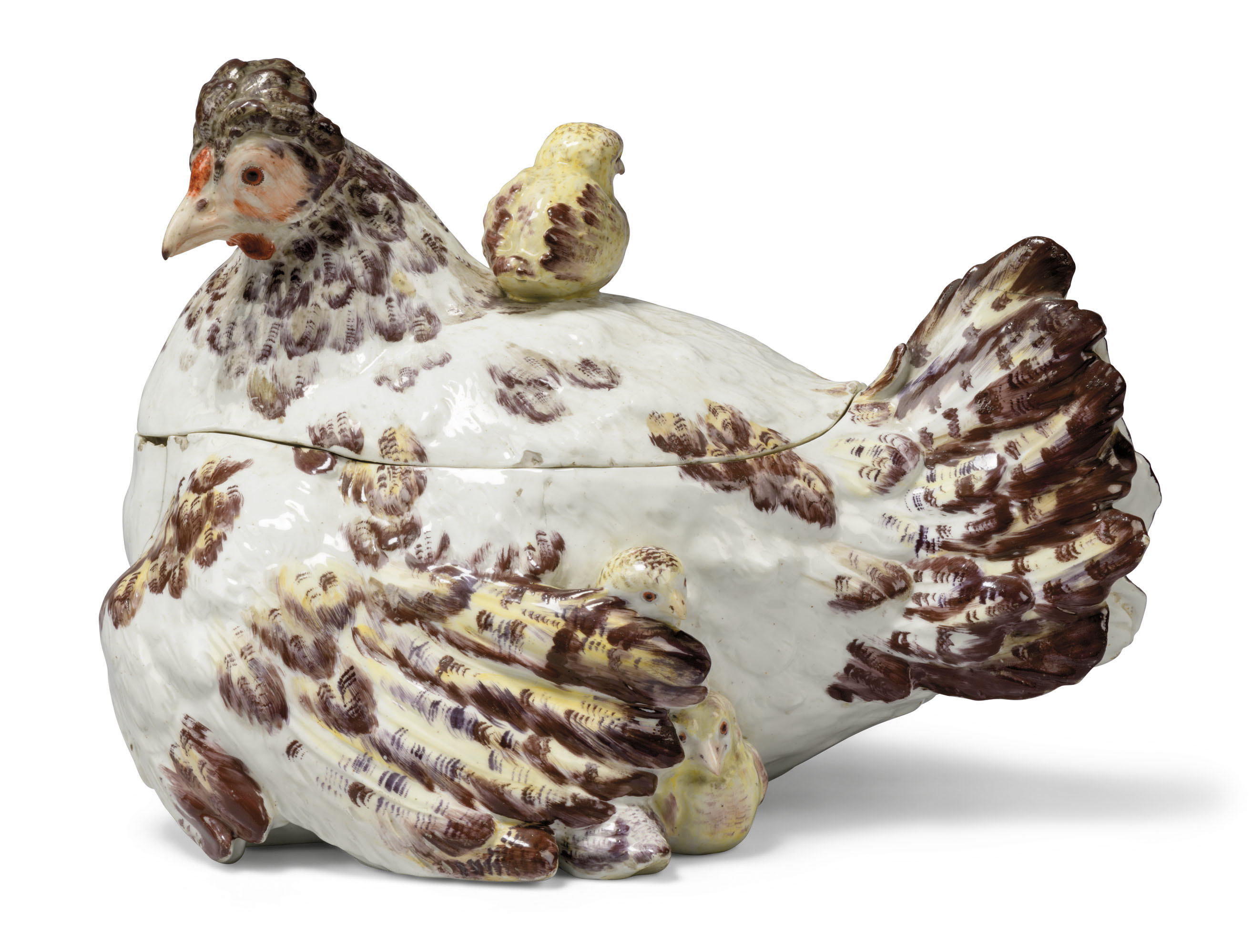 A Chelsea porcelain &lsquo;hen and chicks&rsquo; tureen and cover, circa 1755. 14&frac14;  in (36.2  cm) wide; 10  in (25.4  cm) high. Estimate: &pound;40,000-80,000. Offered in&nbsp;The Collector: Live&nbsp;on 19 May 2021 at Christie&rsquo;s in London