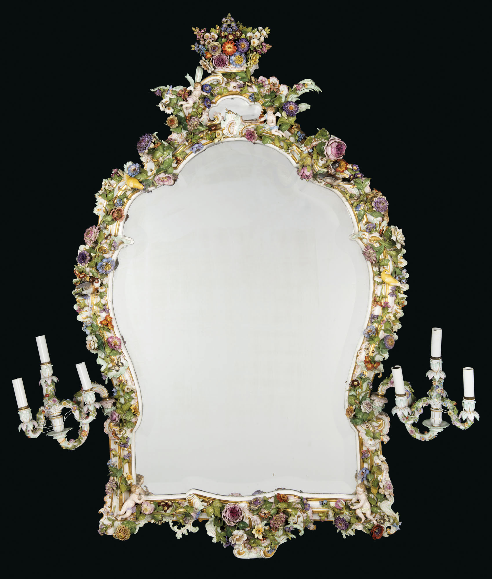A MONUMENTAL MEISSEN PORCELAIN FLOWER-ENCRUSTED MIRROR FRAME, LATE