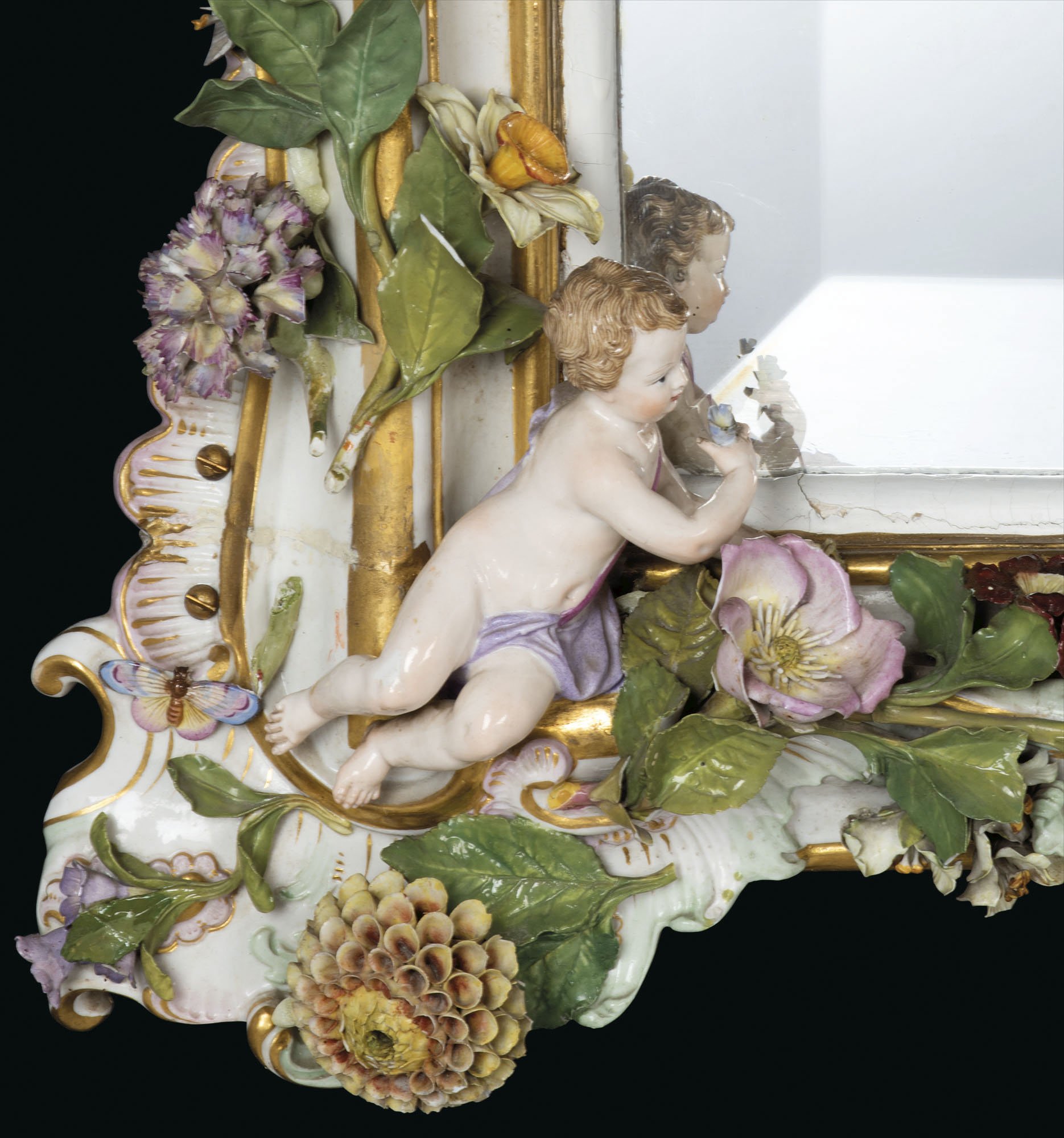 A MONUMENTAL MEISSEN PORCELAIN FLOWER-ENCRUSTED MIRROR FRAME, LATE