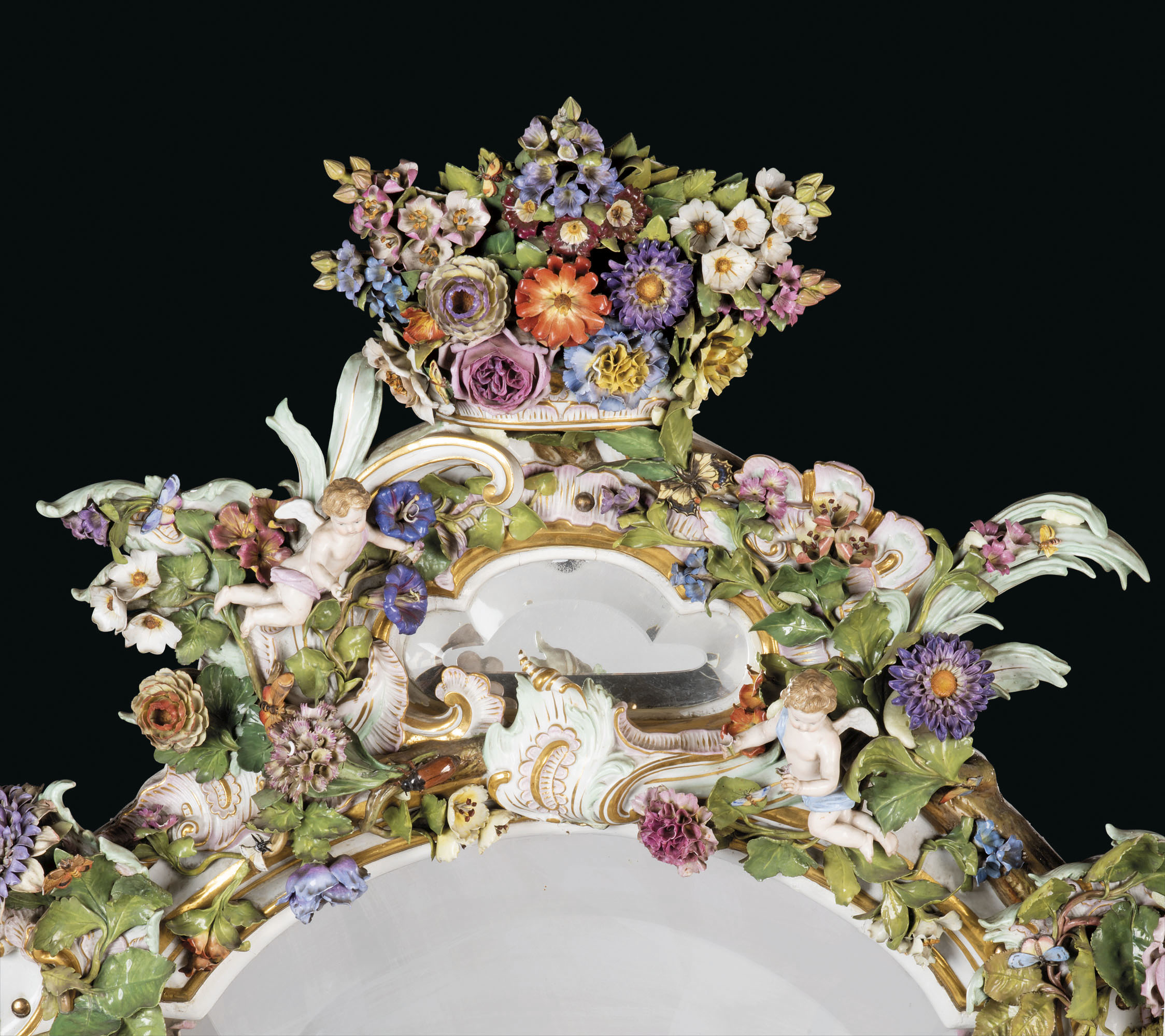 A MONUMENTAL MEISSEN PORCELAIN FLOWER-ENCRUSTED MIRROR FRAME, LATE