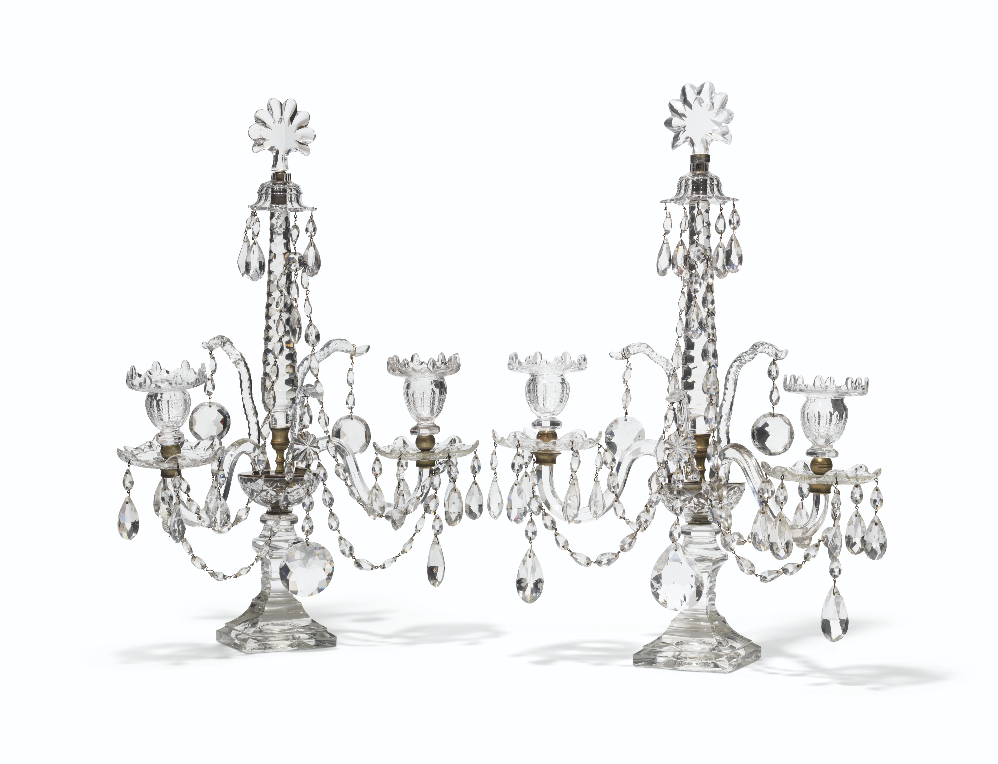 A PAIR OF CUT GLASS TWIN BRANCH CANDELABRA, 19TH/20TH CENTURY, IN THE
