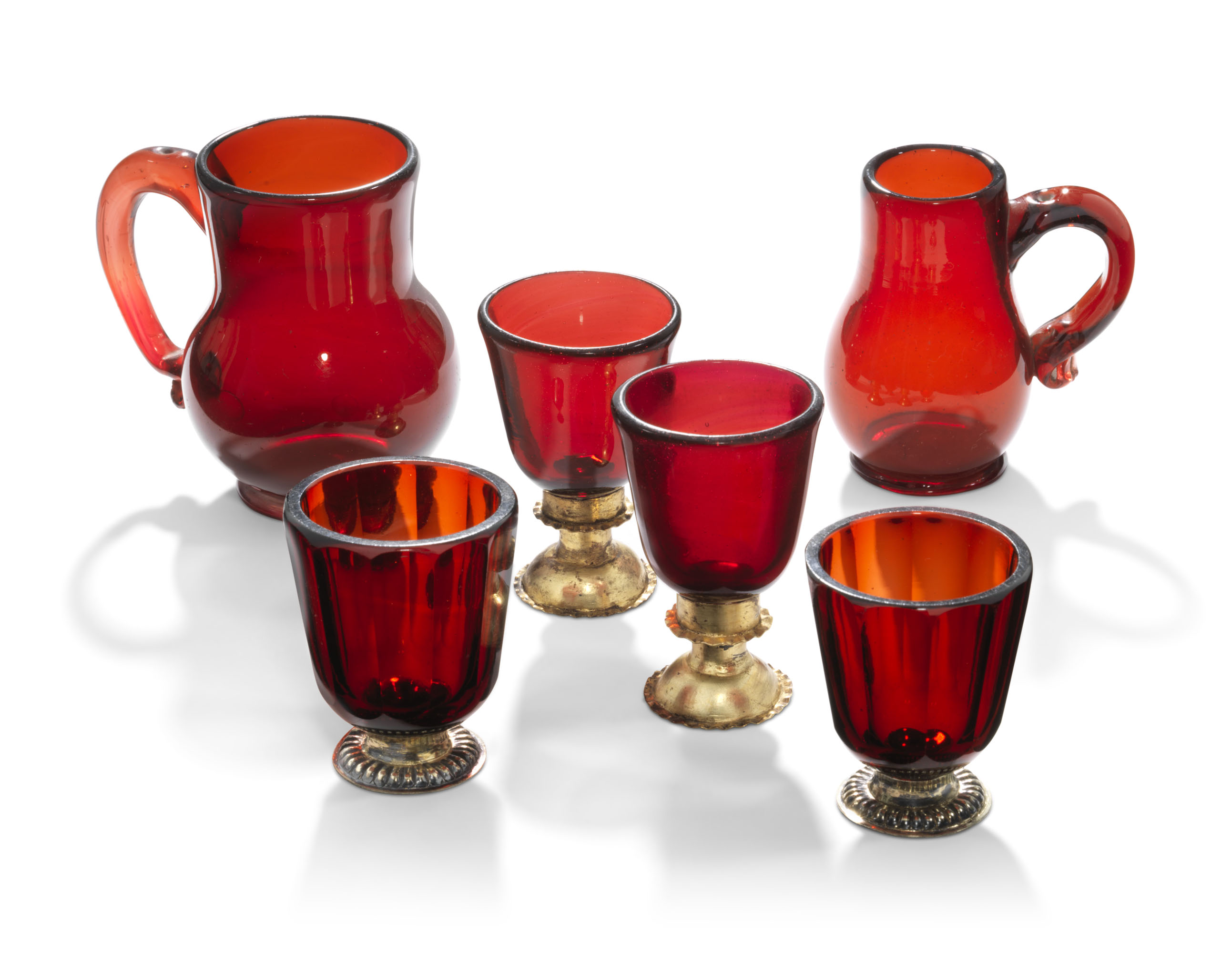 A GROUP OF 'RUBINGLAS' MINIATURE DRINKING VESSELS, 18TH CENTURY