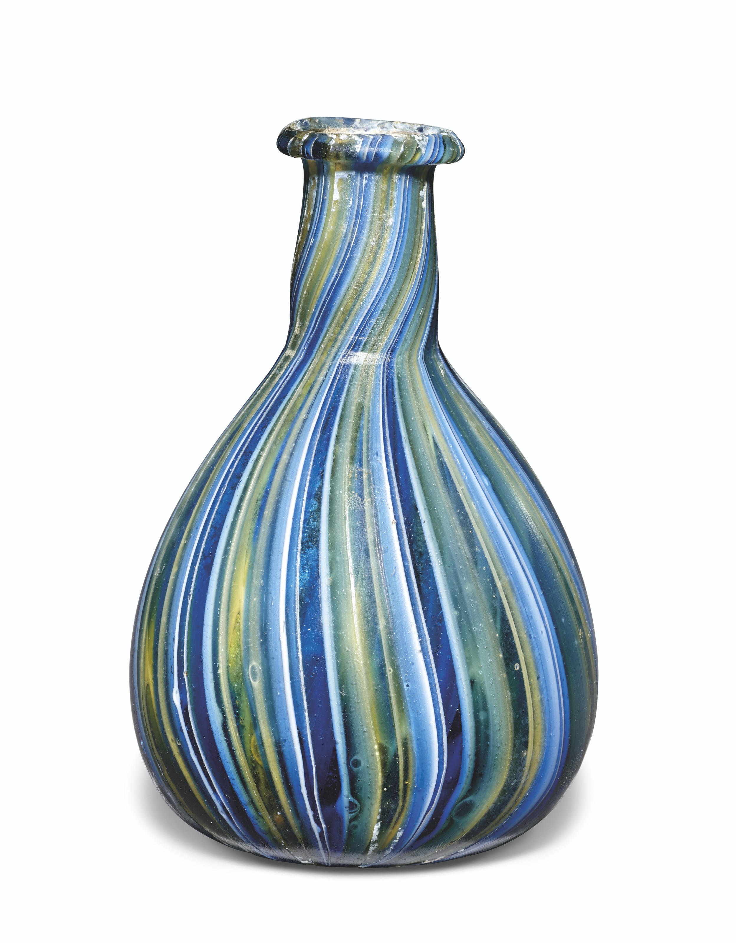 A Roman colour band mosaic blue glass bottle, circa early to mid-1st century AD, sold for £21,250 on 7 July 2021 at Christie's in London