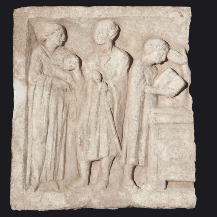 A GREEK MARBLE VOTIVE RELIEF WITH FUNERARY PROCESSION, HELLENISTIC