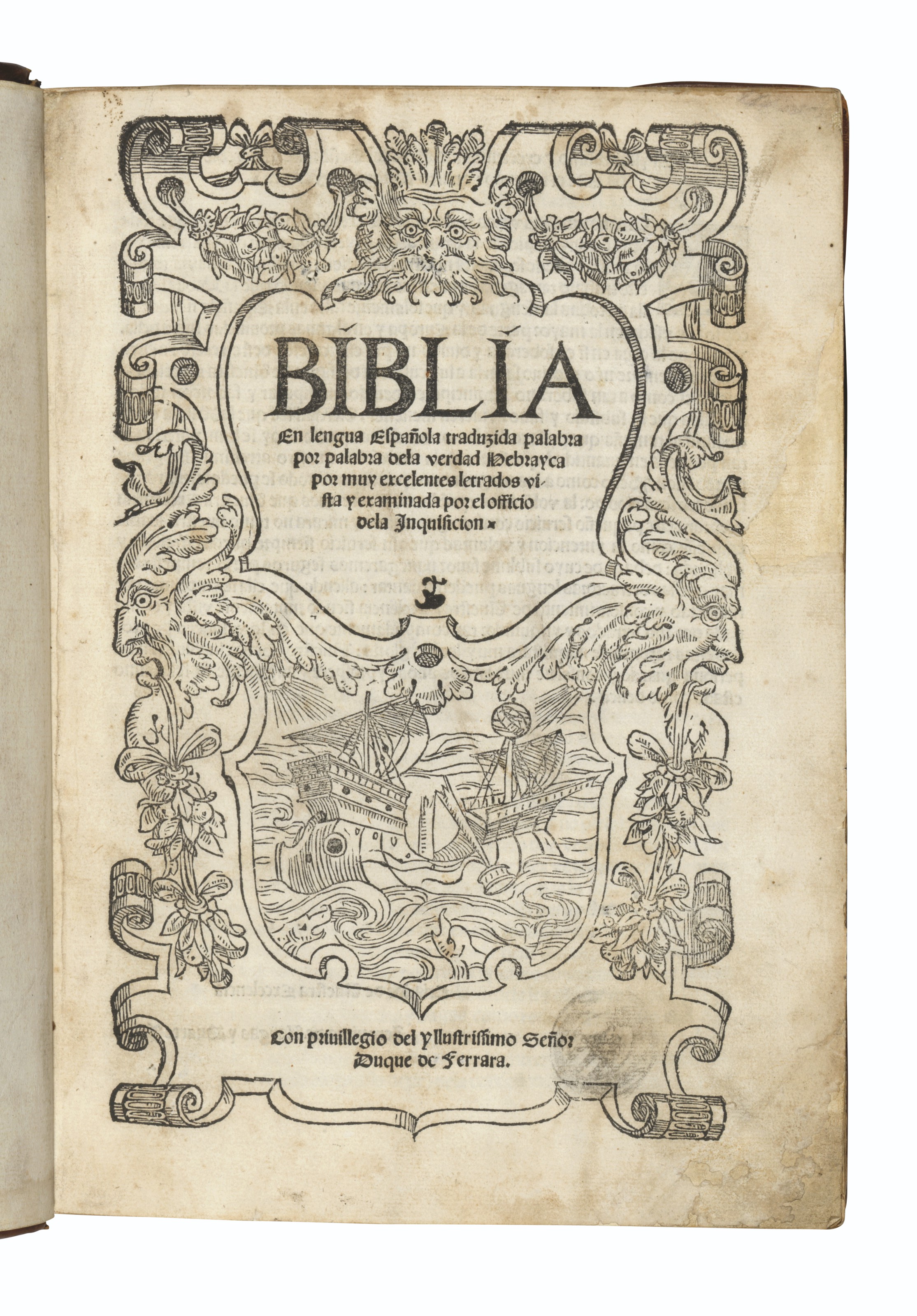 Bible, Old Testament, in Spanish, Biblia en lengua Espaola traduzida palabra por palabra dela verdad Hebrayca. Ferrara: Duarte Pinel (Abraham Usque) for Jeronimo de Vargas (Yom Tob Ben Levi Atias),&nbsp;1553. Folio (283 x 200 mm). 410 leaves.&nbsp;Estimate: &pound;120,000-180,000. Offered in&nbsp;Valuable Books and Manuscripts on 14 July 2021 at Christie&rsquo;s in London
