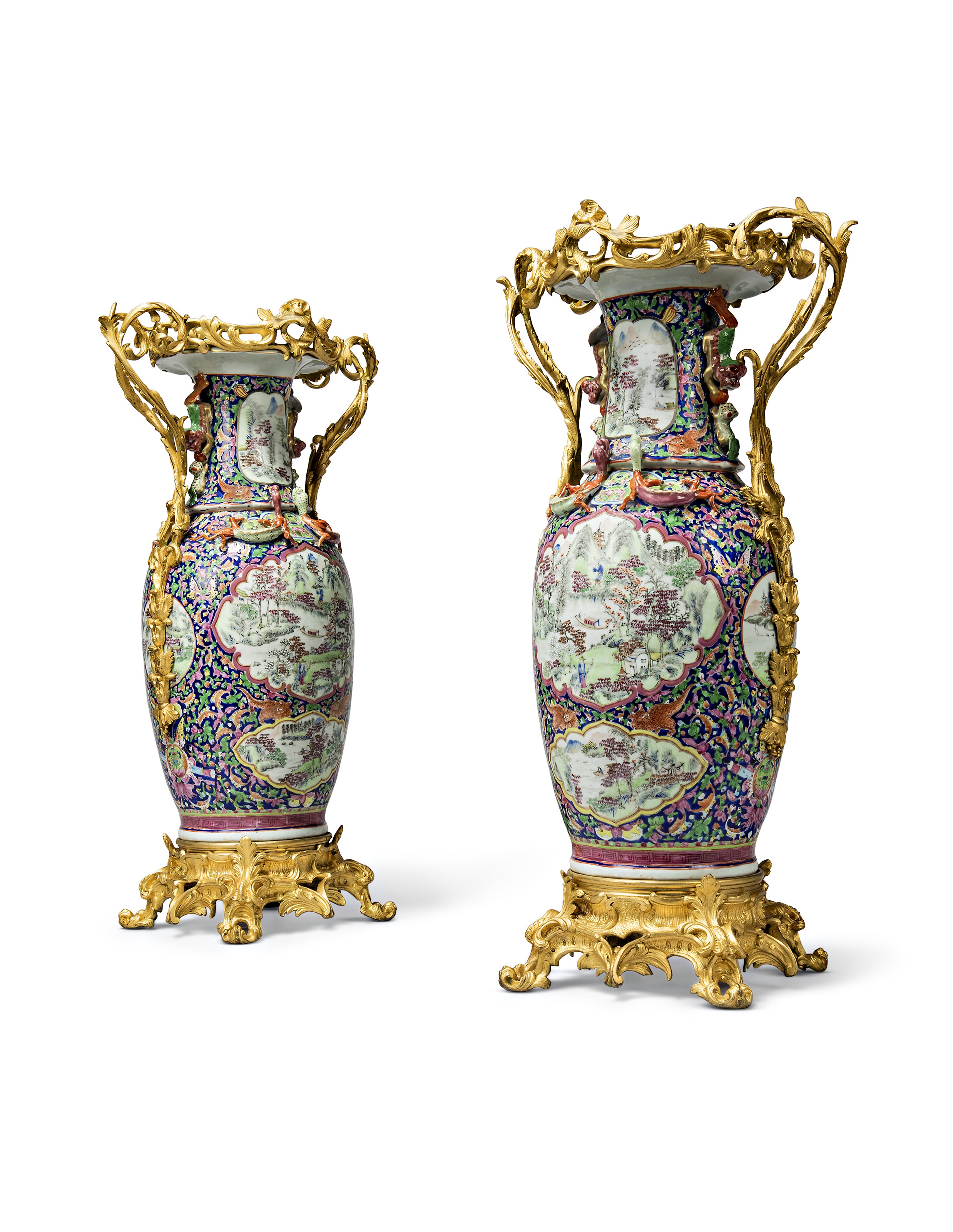 A PAIR OF CHINESE FAMILLE ROSE ORMOLU-MOUNTED PORCELAIN VASES, THE