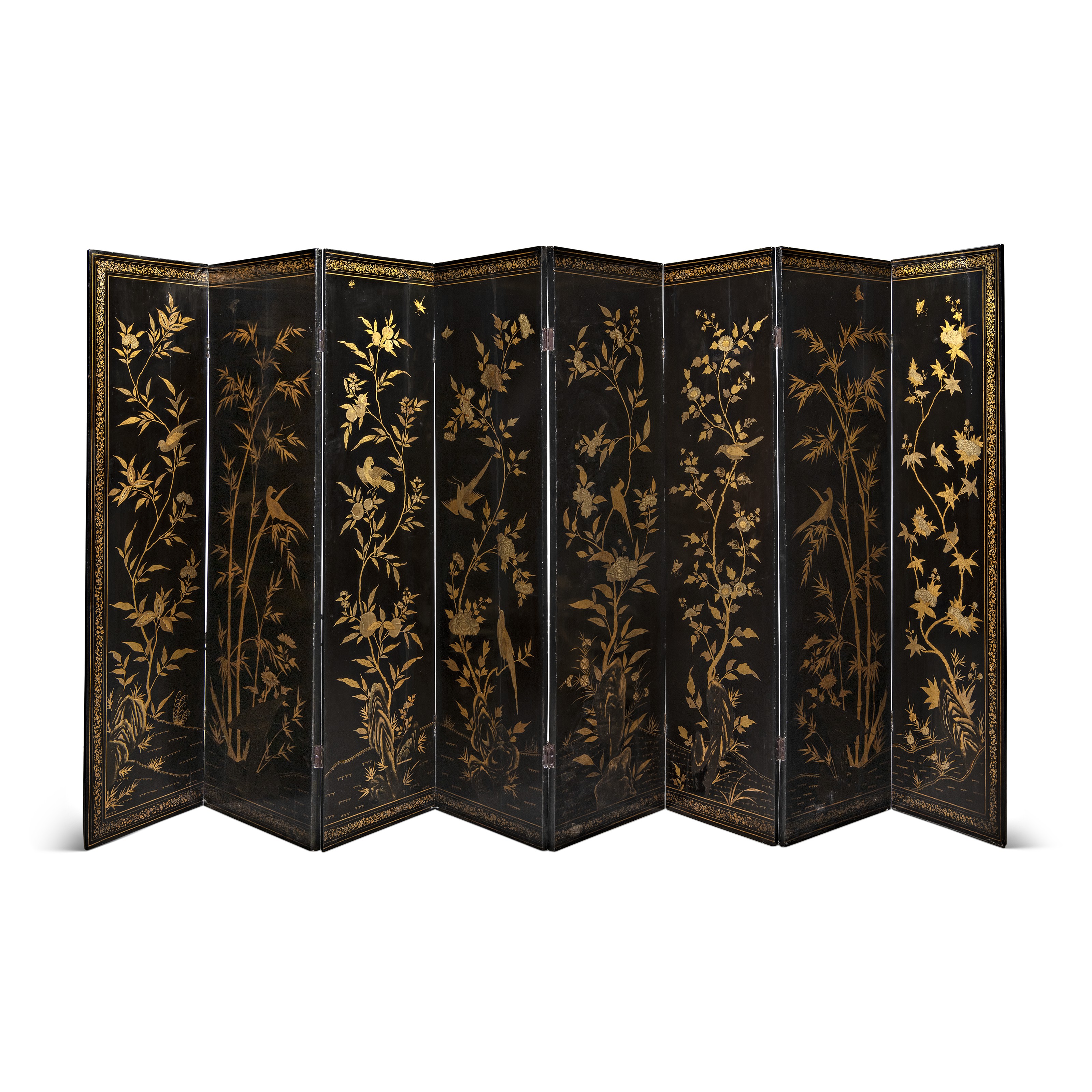 A CHINESE EXPORT LACQUERED EIGHT-FOLD SCREEN, LATE 19TH CENTURY
