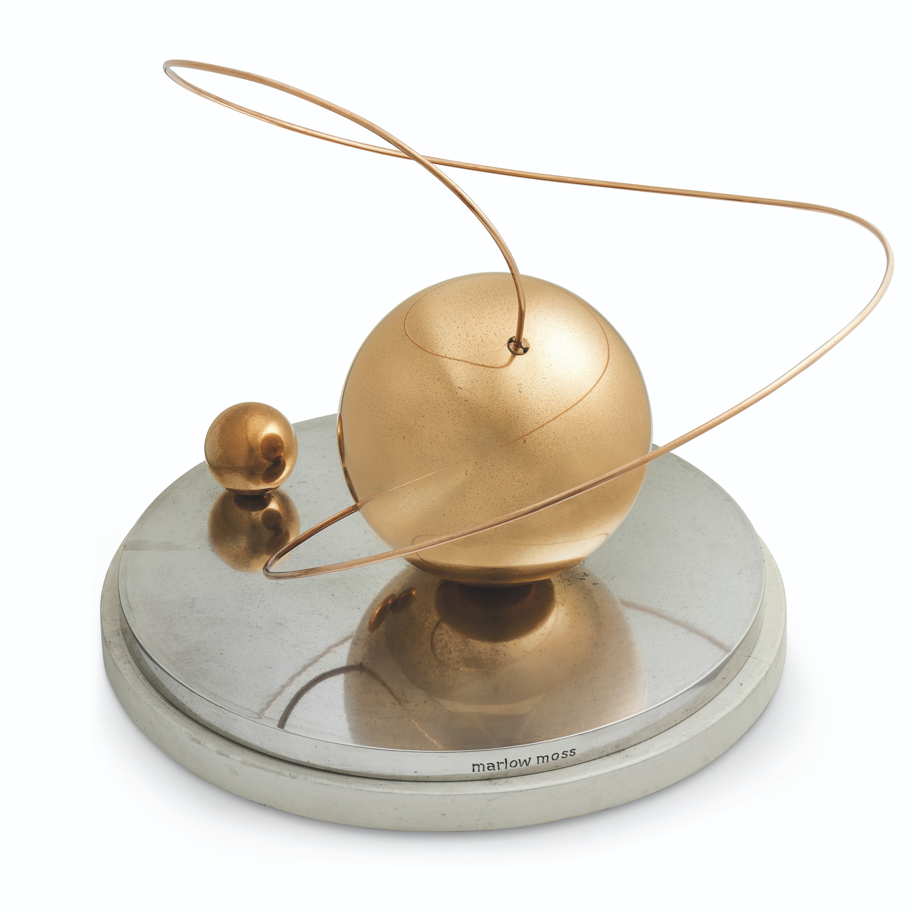 Marlow Moss (1889-1958), Spheres and Curved Line, conceived in 1945. Bronze, copper and aluminium on a white-painted wooden base, unique. 13 in (33 cm) wide. Sold for &pound;156,250 on 20 October 2021 at Christie&rsquo;s in London. Artwork: &copy; reserved