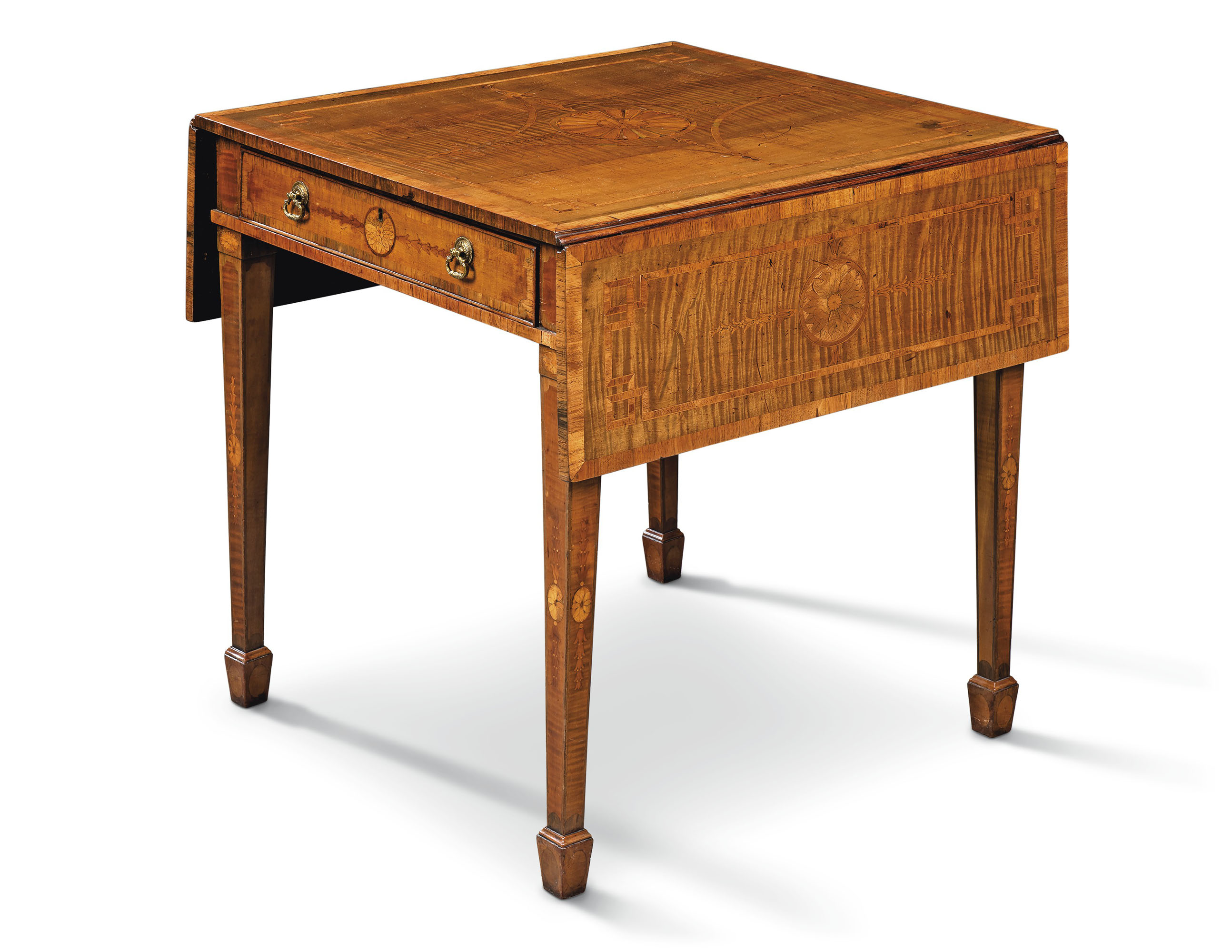 A George III tulipwood-crossbanded, harewood, Indian rosewood and fruitwood marquetry Pembroke table, attributed to Thomas Chippendale, c. 1770.&nbsp;27 in (69 cm) high; 24&frac12; in (62 cm) wide (closed); 26 in (66 cm) deep. Sold for &pound;32,500 on 15 April 2021 at Christie&rsquo;s in London