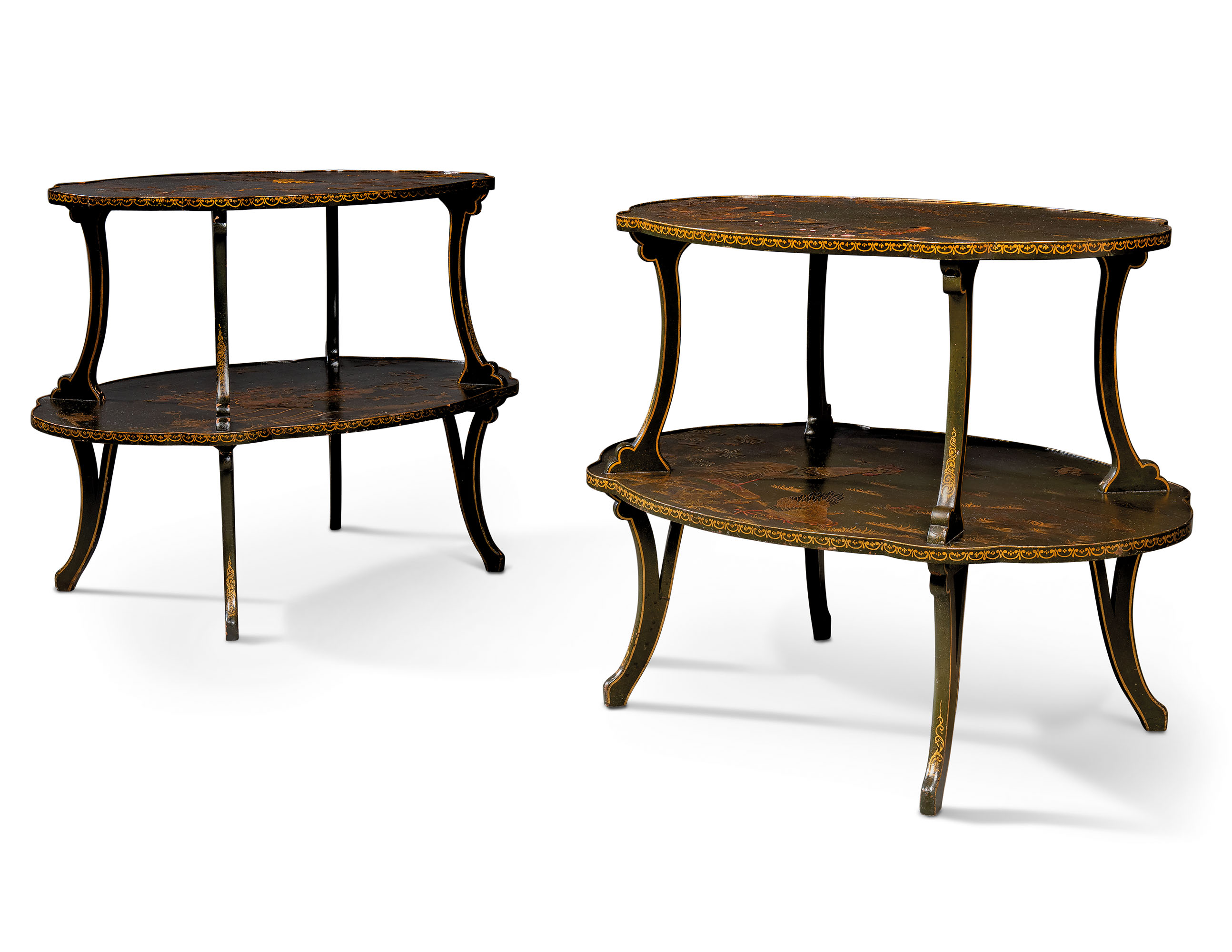 A PAIR OF DUTCH GREEN AND GILT JAPANNED LOW ETAGERES A PAIR OF DUTCH GREEN AND GILT JAPANNED LOW ETAGERES