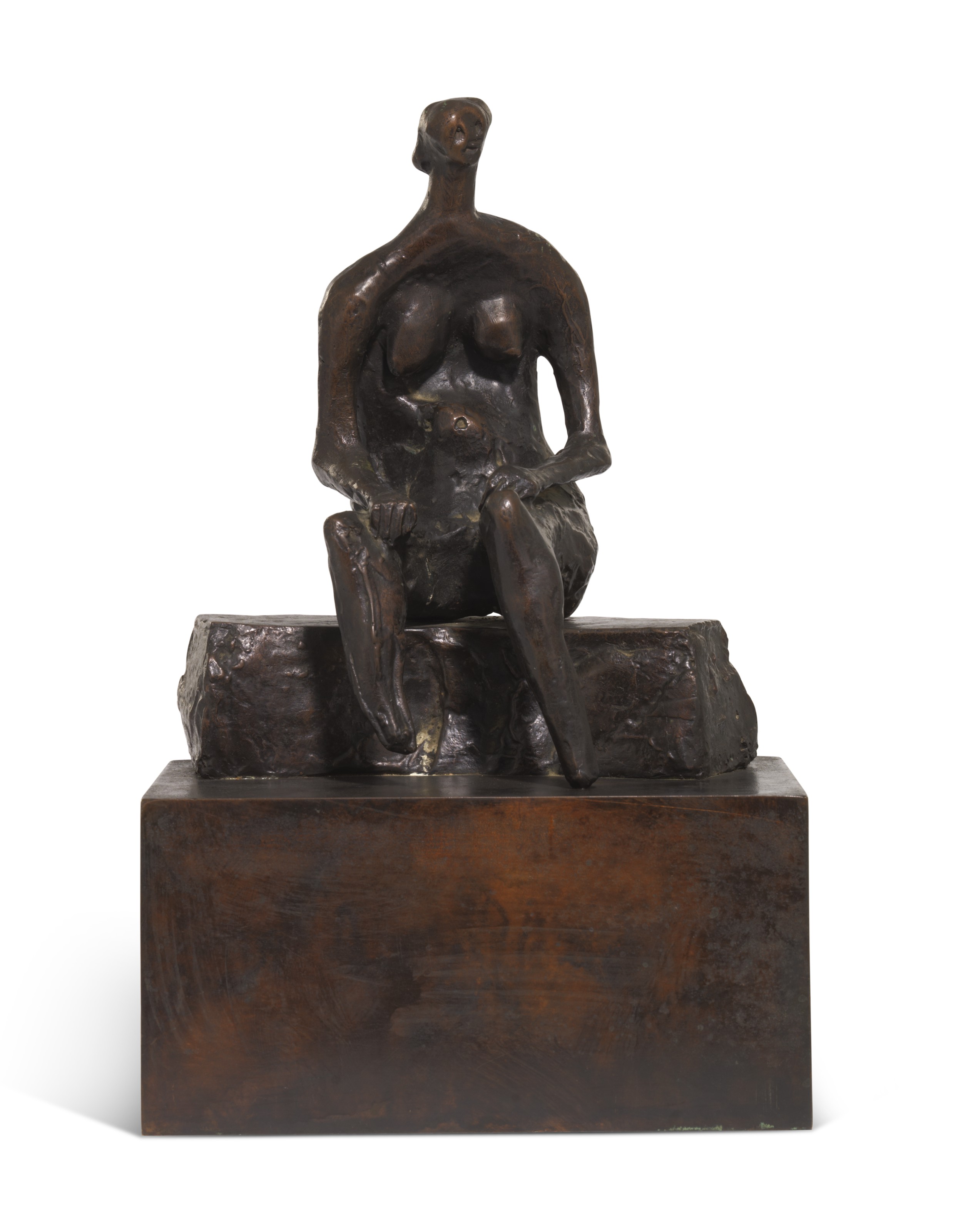 Henry Moore, O.M., C.H., (1898-1986), Seated Woman on Curved Block, 1957-64. 8⅛ in (20.5 cm) high, excluding bronze base. Estimate: &pound;60,000-80,000. Offered in Julians Park and Six Private Collections: Live on 8 June 2021 at Christie&rsquo;s in London