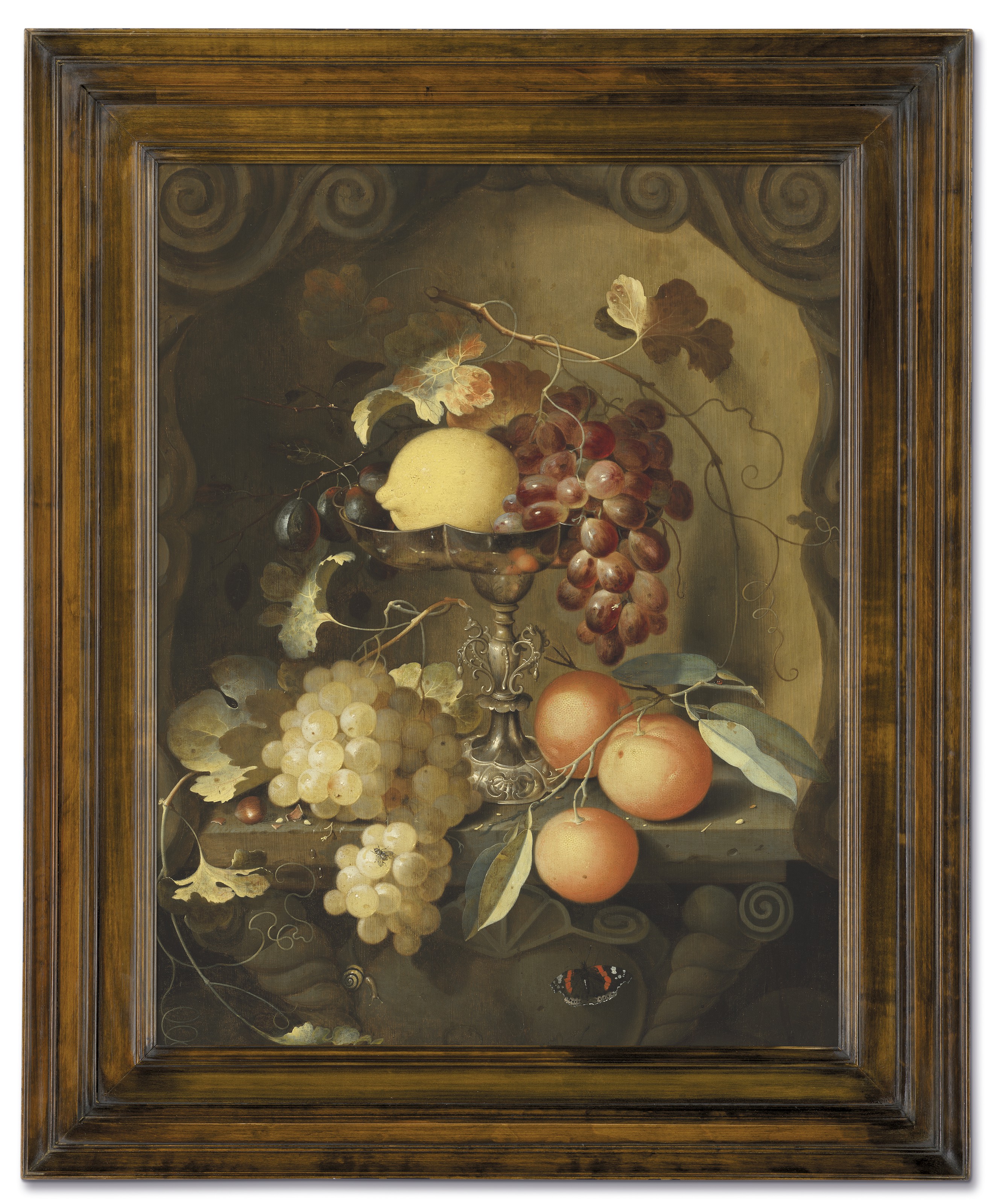 Catalog image of Grapes and a lemon on a tazza, with oranges on a ledge in a sculpted stone niche