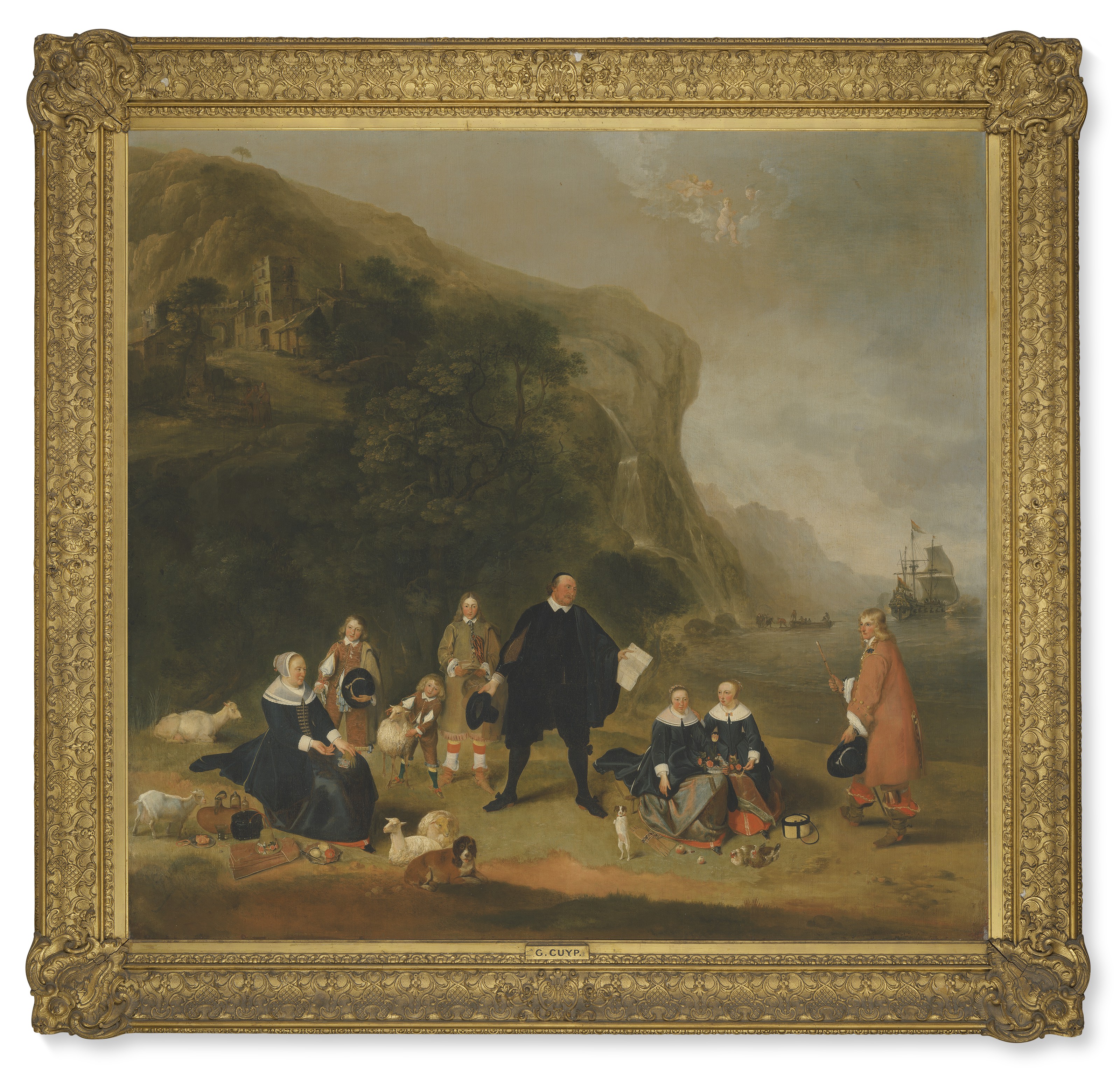 Catalog image of Portrait of a family on the shore of a rocky landscape, with a ship and a villa…
