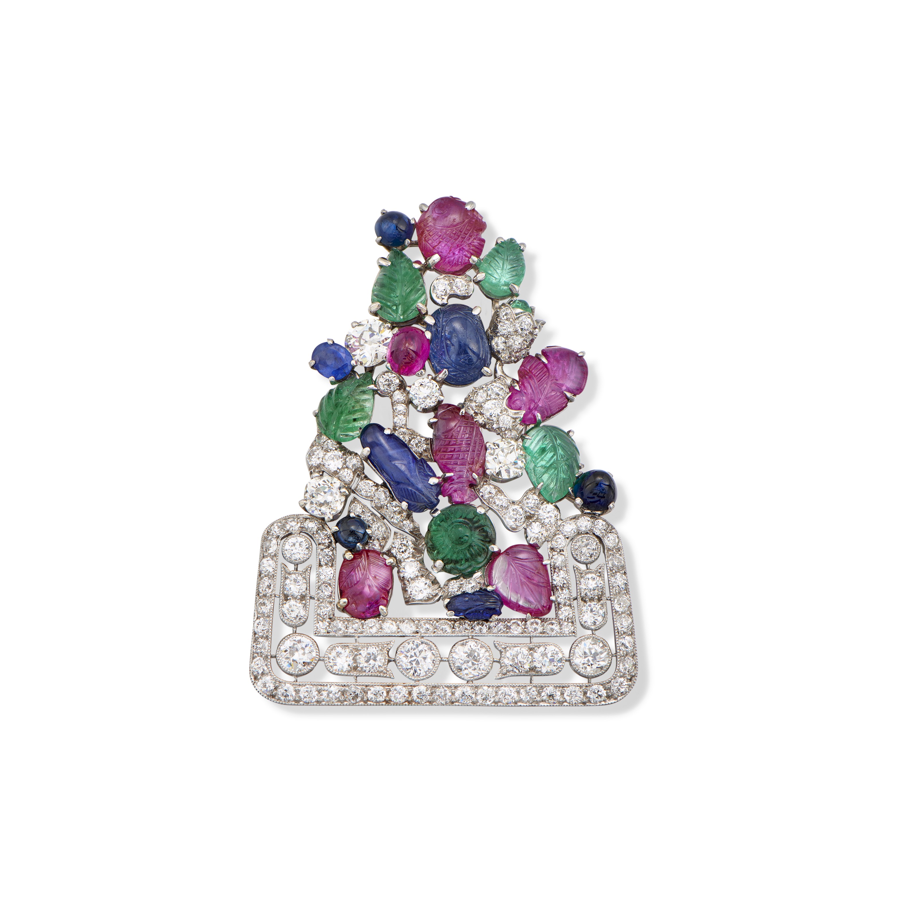 Catalog image of EMERALD, RUBY, SAPPHIRE AND DIAMOND CLIP BROOCH