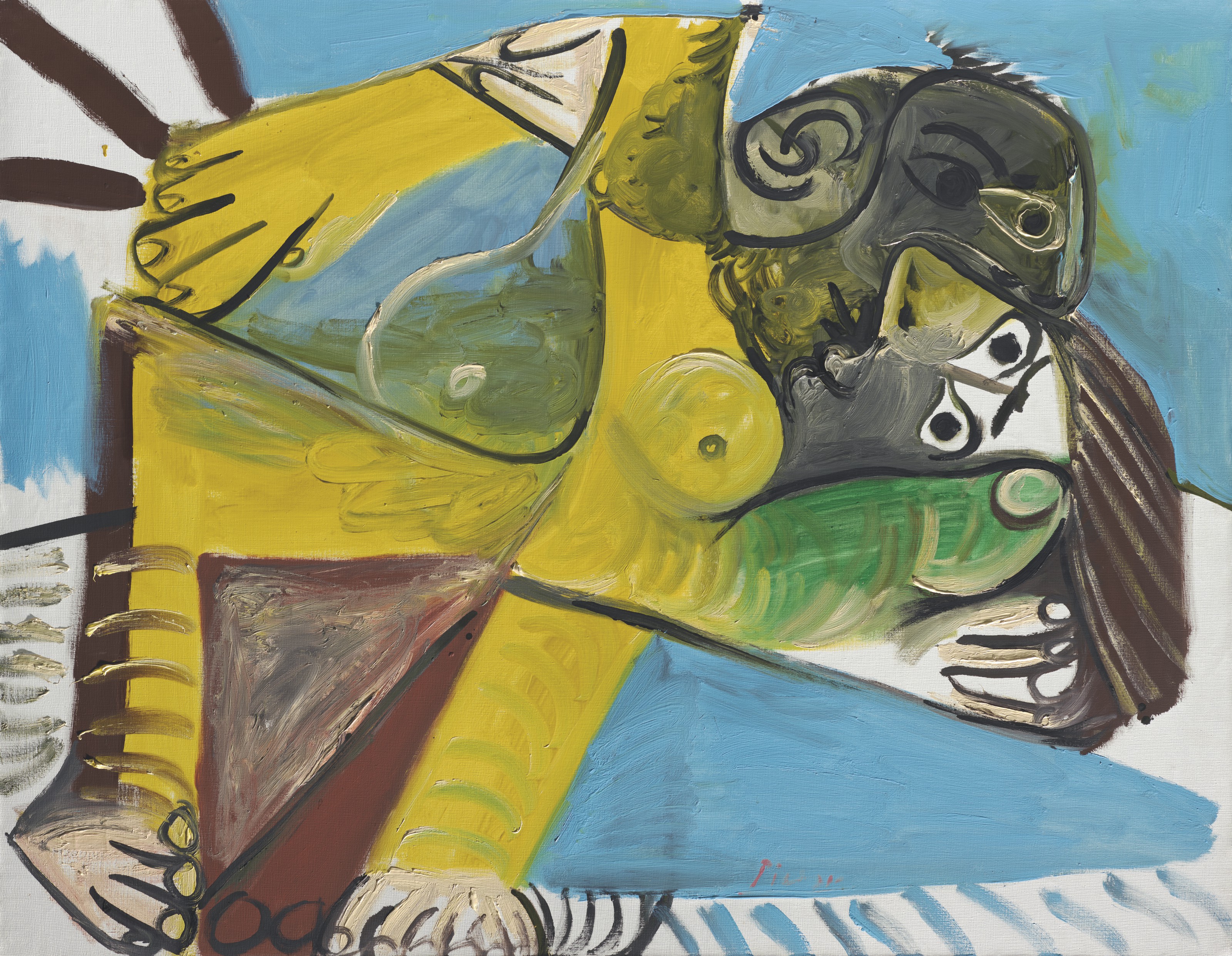 Pablo Picasso (1881-1973), L'Etreinte, 1969. Oil on canvas. 44&frac34; x 57&frac12; in (113.6 x 146 cm). Sold for &pound;14,697,000 on 30 June 2021 at Christie&rsquo;s in London