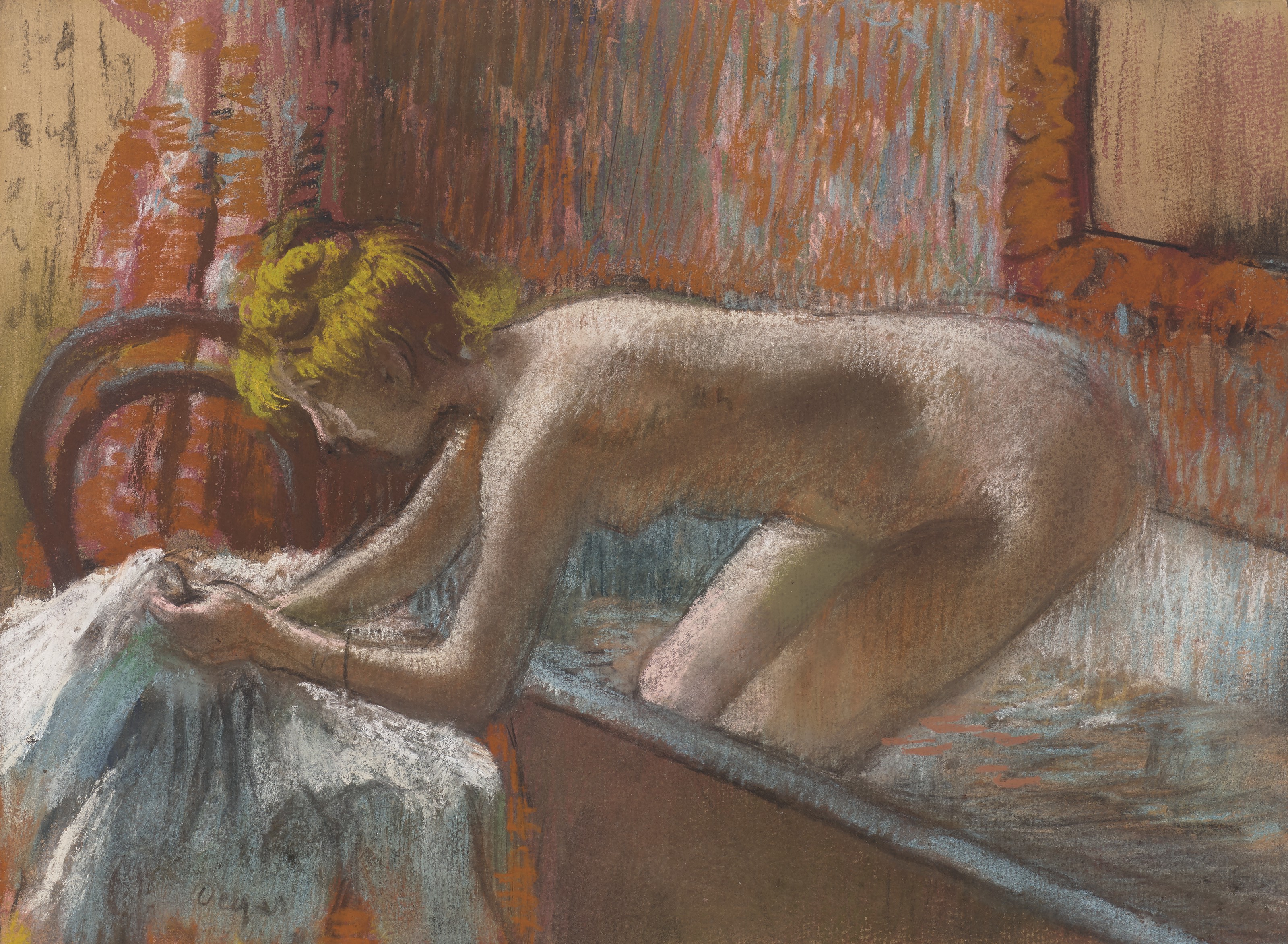 Edgar Degas (1834-1917), Femme sortant du bain, circa 1886-1889. Pastel over monotype on paper laid down on board. 11⅜ x 15⅜ in (28.7 x 39 cm). Sold for £2,422,500 on 30 June 2021 at Christie’s in London