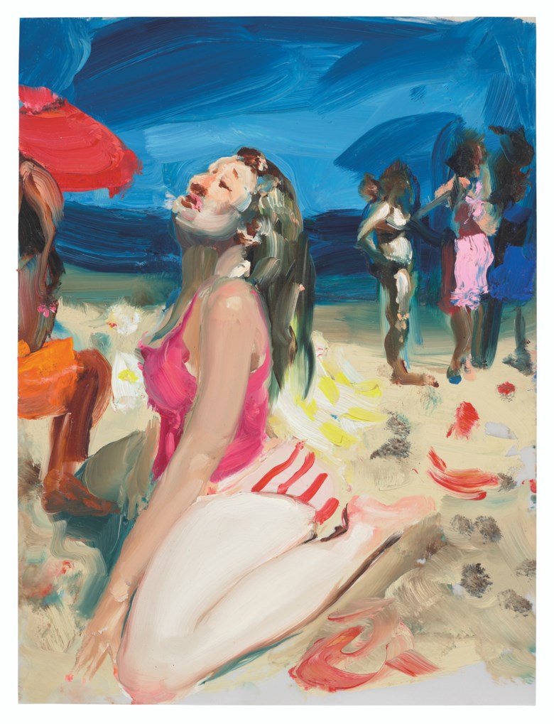 Jenna Gribbon (b. 1978), Beach Glory, 2020. Oil on vellum. 12 x 9 in (30.5 x 22.9 cm). Sold for £30,000 on 2 July 2021 at Christie’s in London. This work has been donated by the artist; the proceeds of its sale will go to amfAR, the foundation for AIDS research