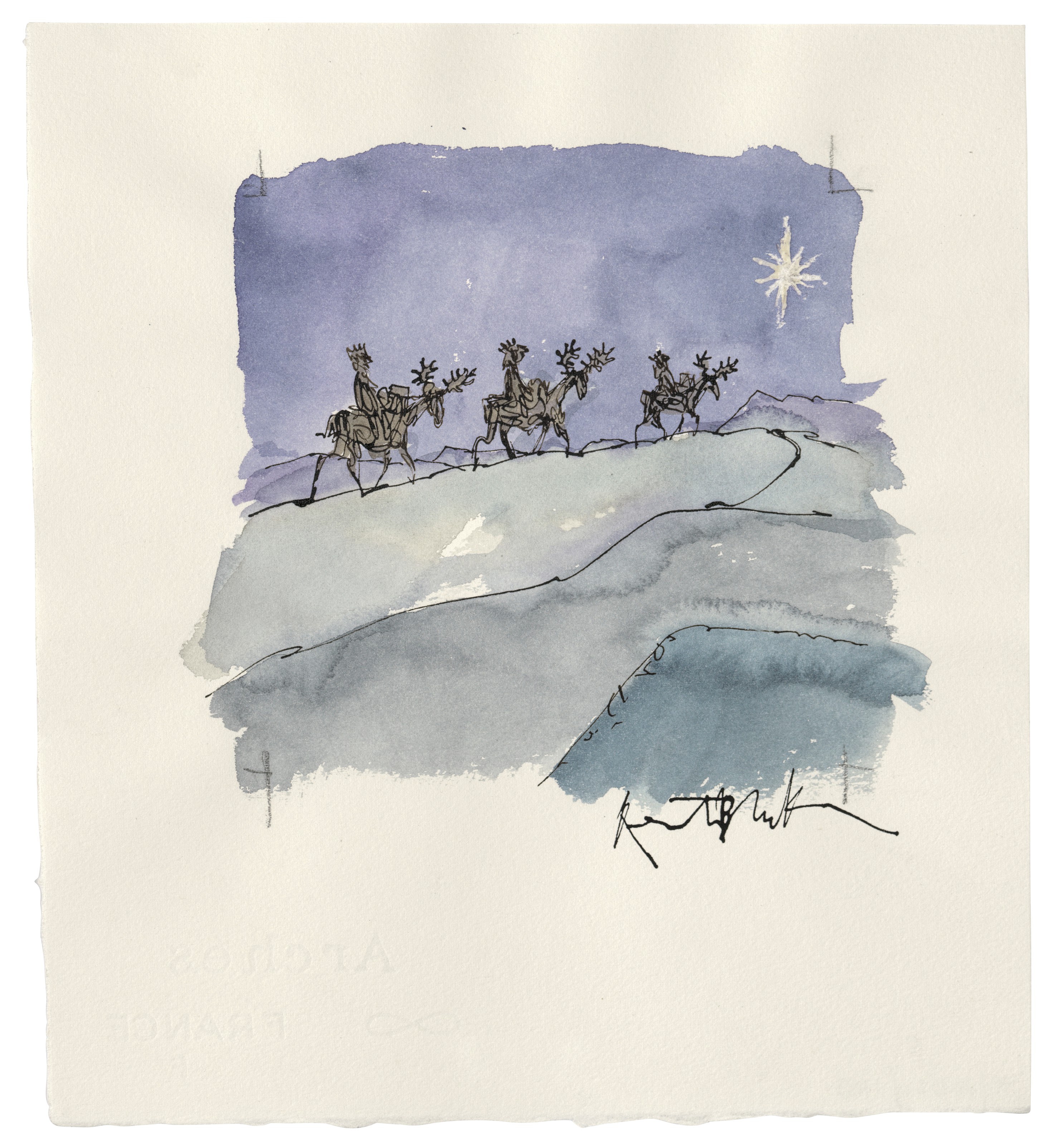 Quentin Blake (b. 1932), Christmas Card Design, 2021. Pen, ink, watercolour, watercolour paper, signed. Sold for £1,625 on 14 December 2021, Online