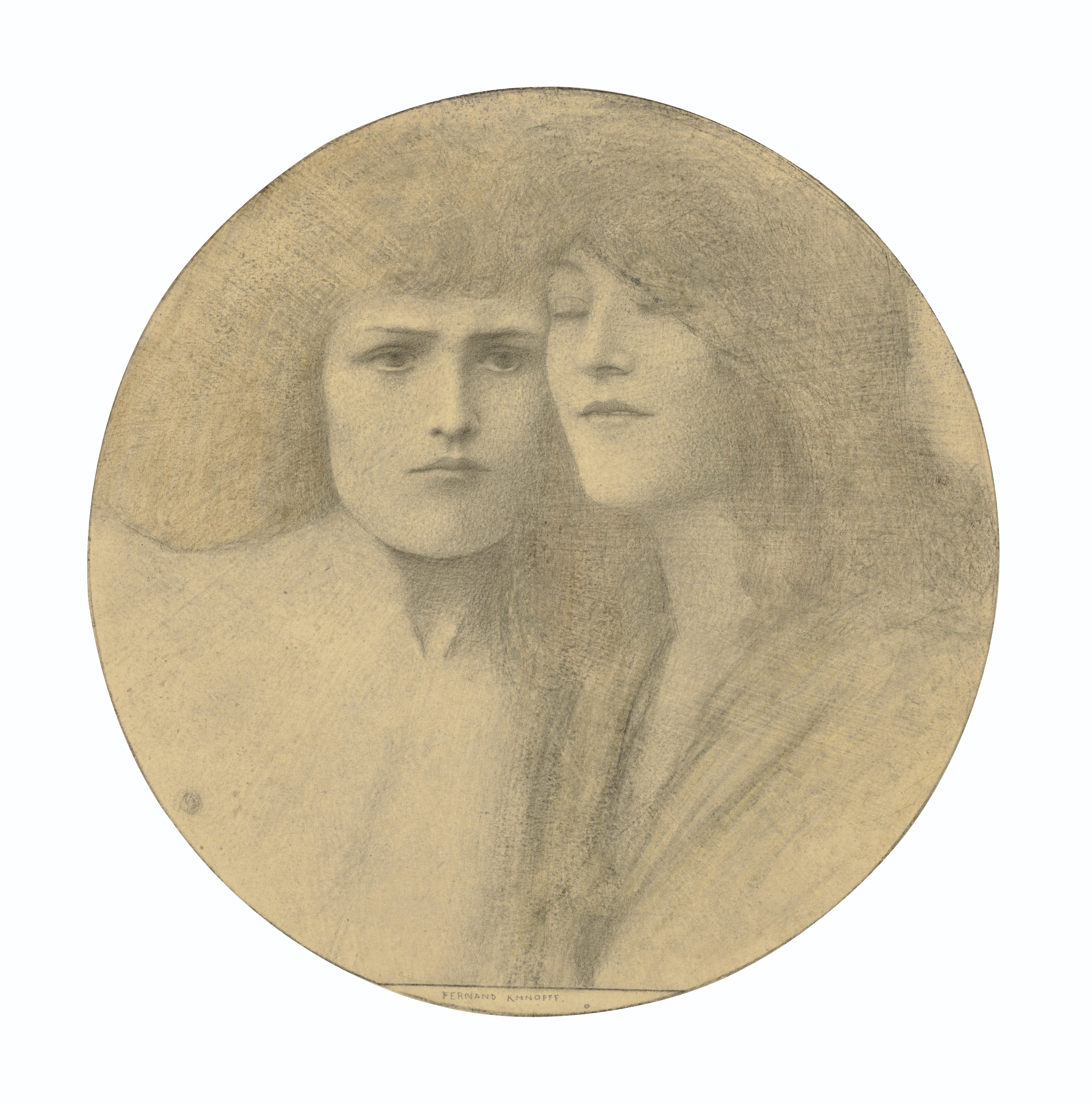 Fernand Khnopff (1858-1921), Les Caresses, circa 1905-10. Graphite, crayon and wash on tracing paper. 11⅝ in (27cm) diameter. Sold for &pound;225,000 on 15 July 2021 at Christie&rsquo;s in London