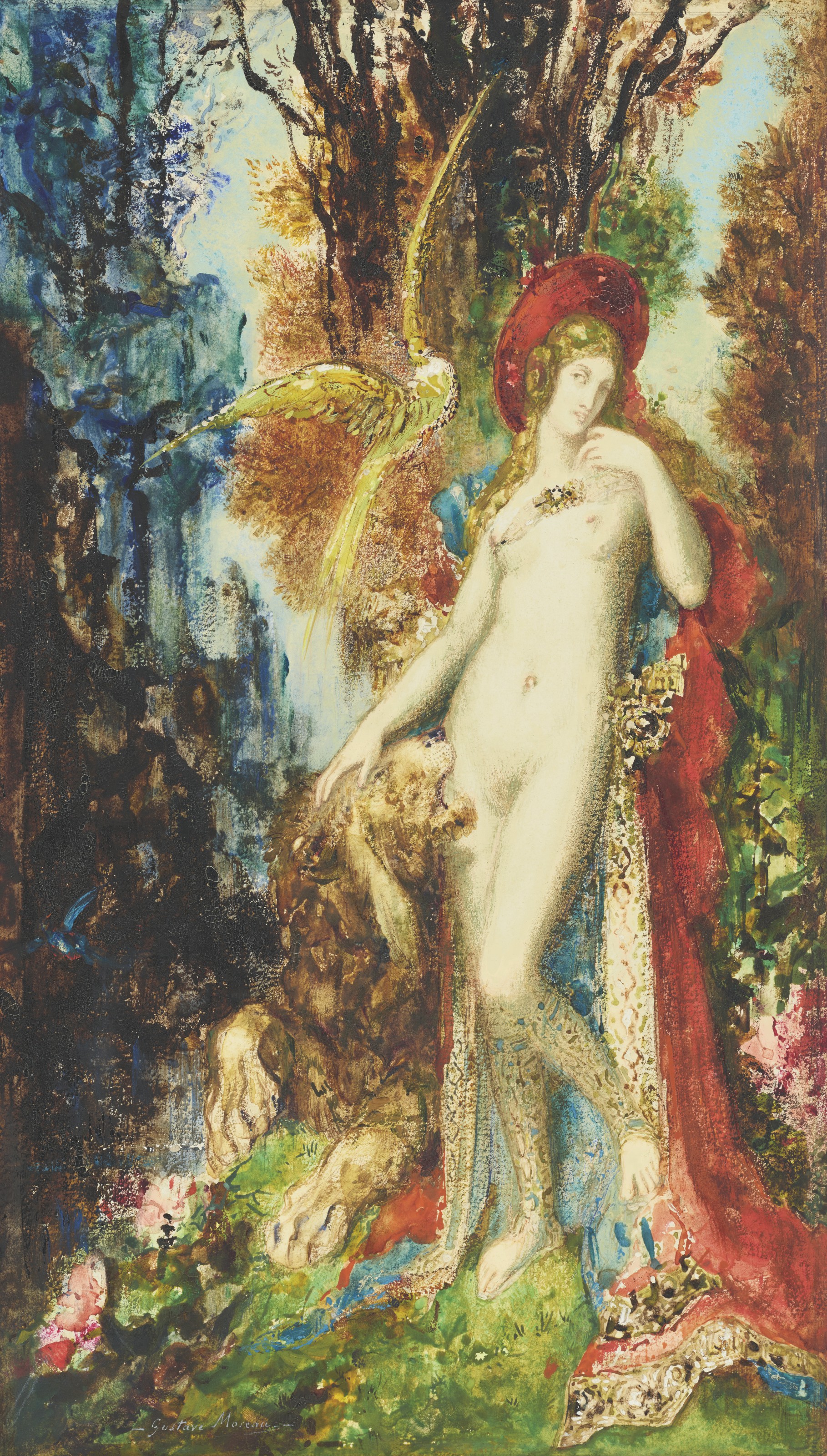 Gustave Moreau (1826-1898), Le lion amoureux, circa 1881. Watercolour and gouache on paper. 15 x 9&frac12; in (38 x 24.3 cm). Sold for &pound;325,000 on 15 July 2021 at Christie&rsquo;s in London