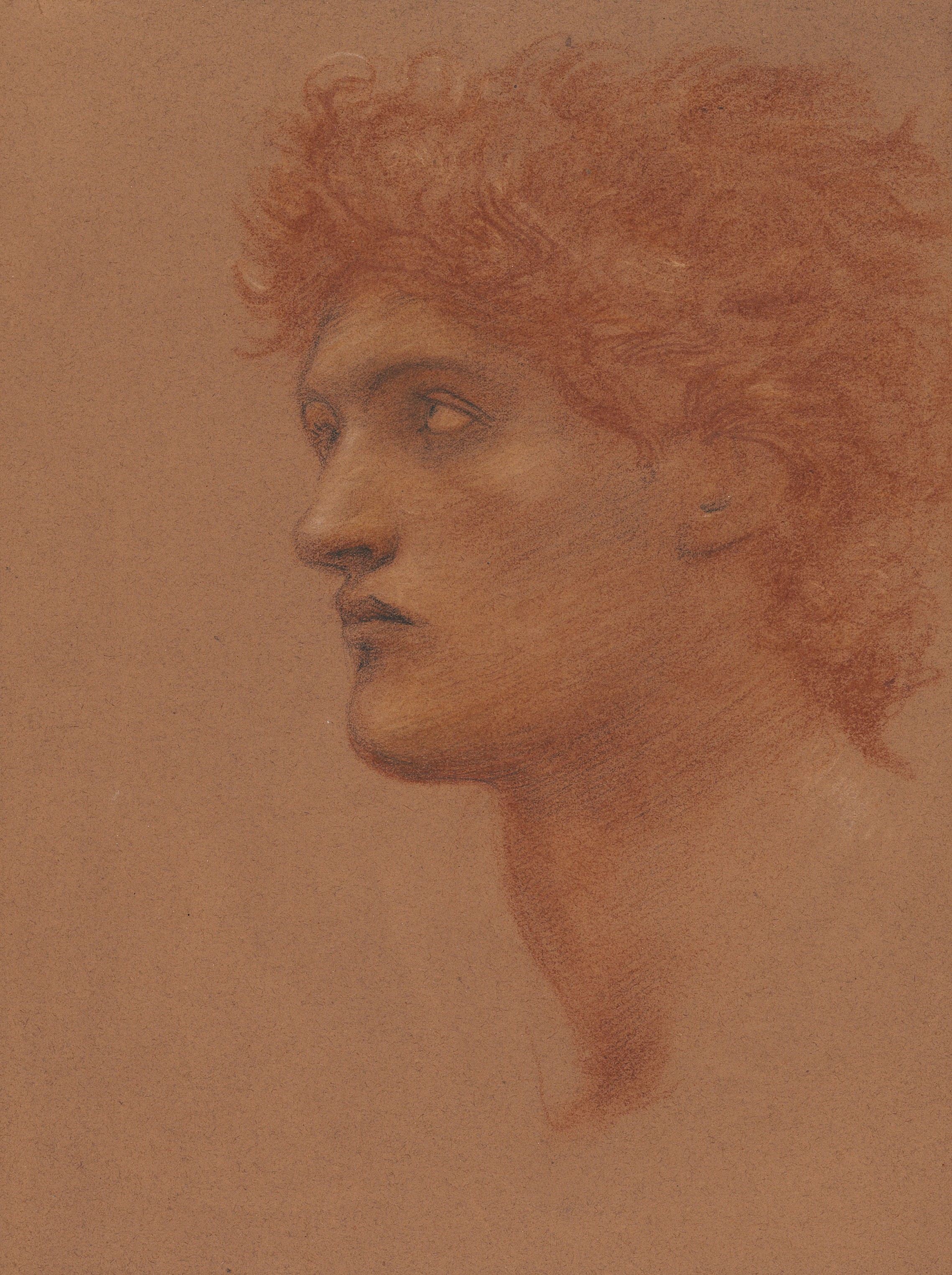 Sir Edward Coley Burne-Jones (1833-1898), Study of a male head in profile, for Perseus in The Call of Perseus. Sanguine, black and white chalk on terracotta paper. 15⅝ x 12&frac14; in (39.7 x 31 cm). Sold for &pound;25,000 on 15 July 2021 at Christie&rsquo;s in London