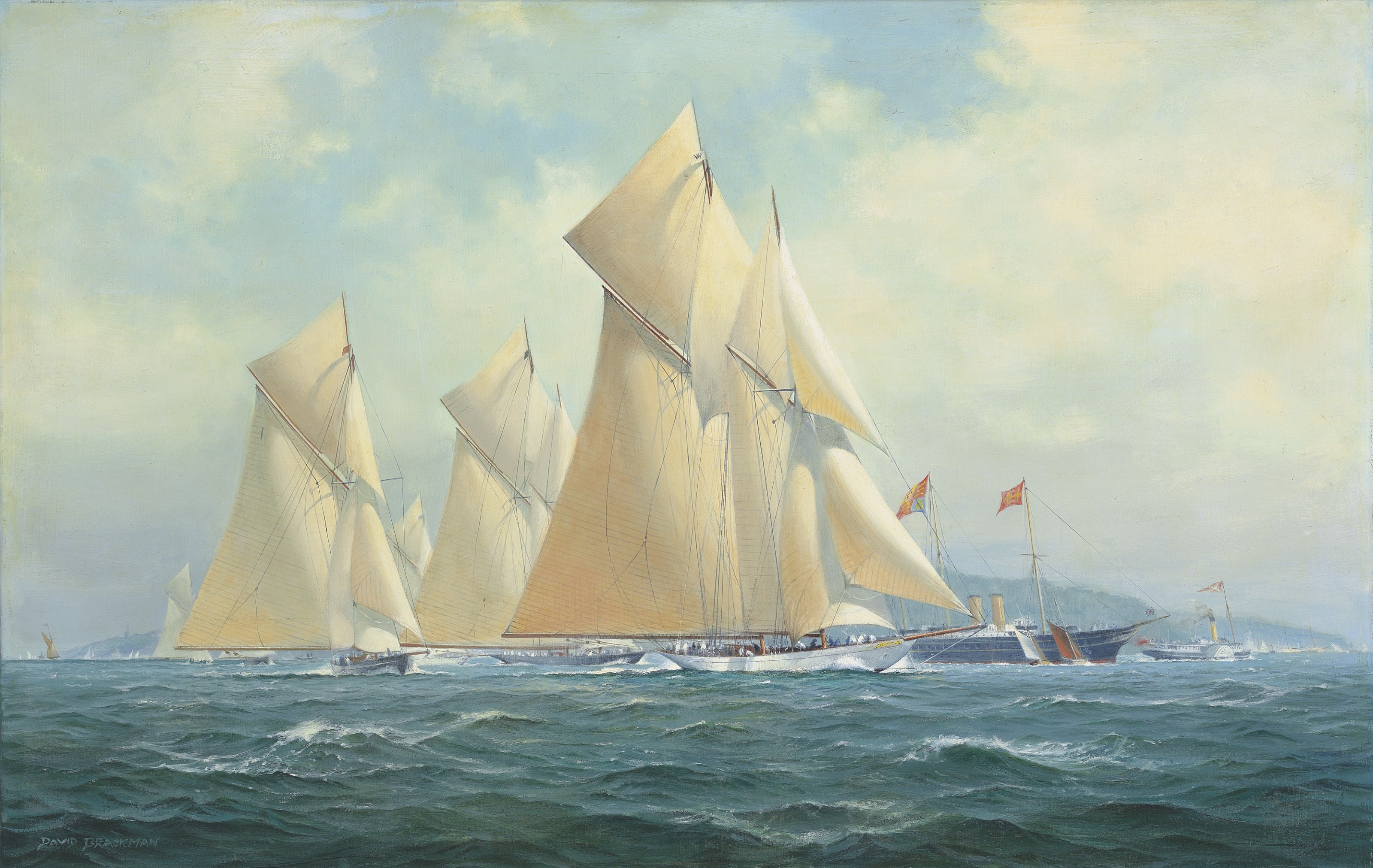 DAVID BRACKMAN (BRITISH, 19322008), Germania leading Britannia and Satanita off Cowes, with the